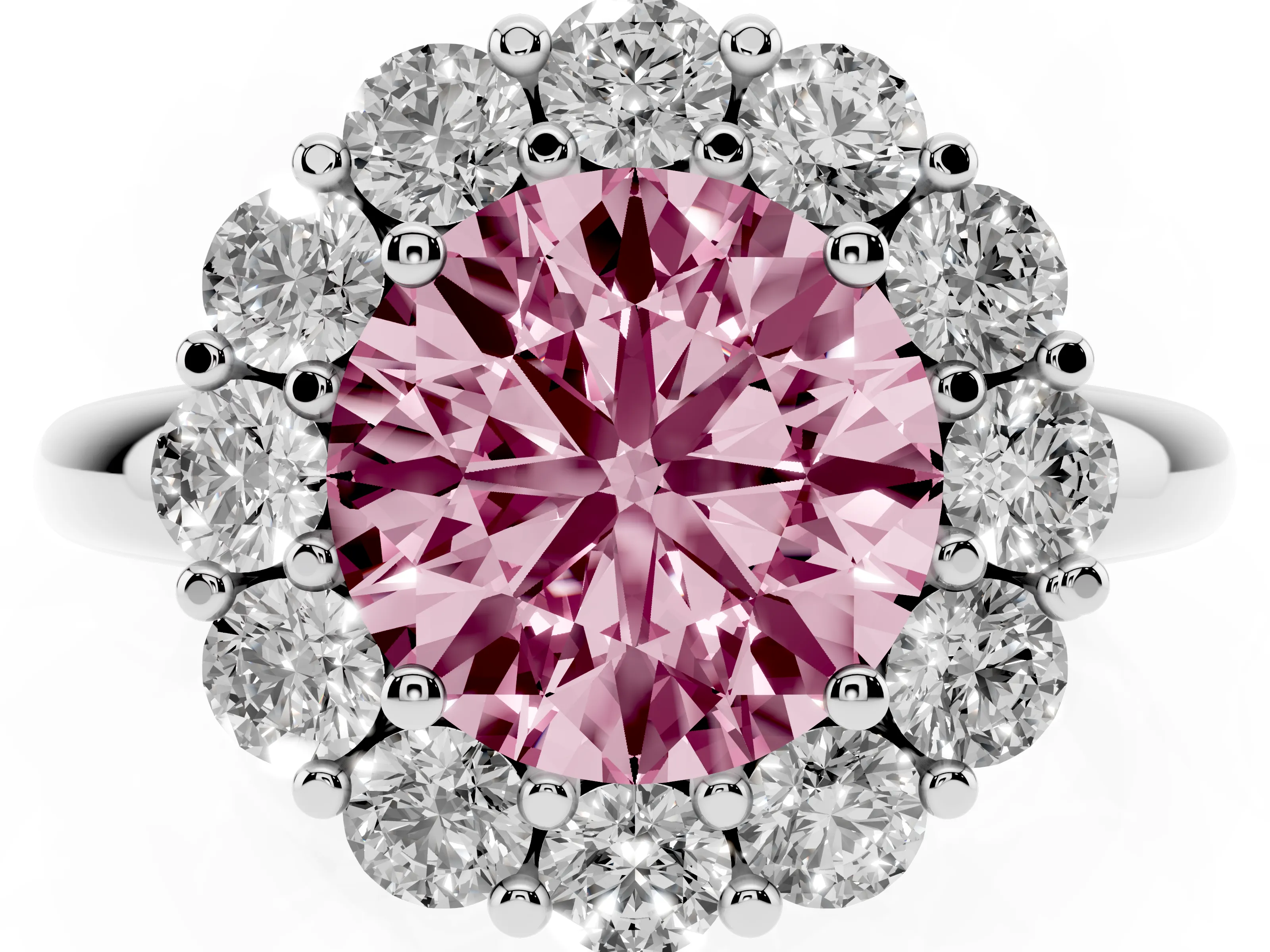 Fancy Pink Round Cut Diamond Halo Cluster Engagement Ring Set in White gold with Polished Band and Prong Setting