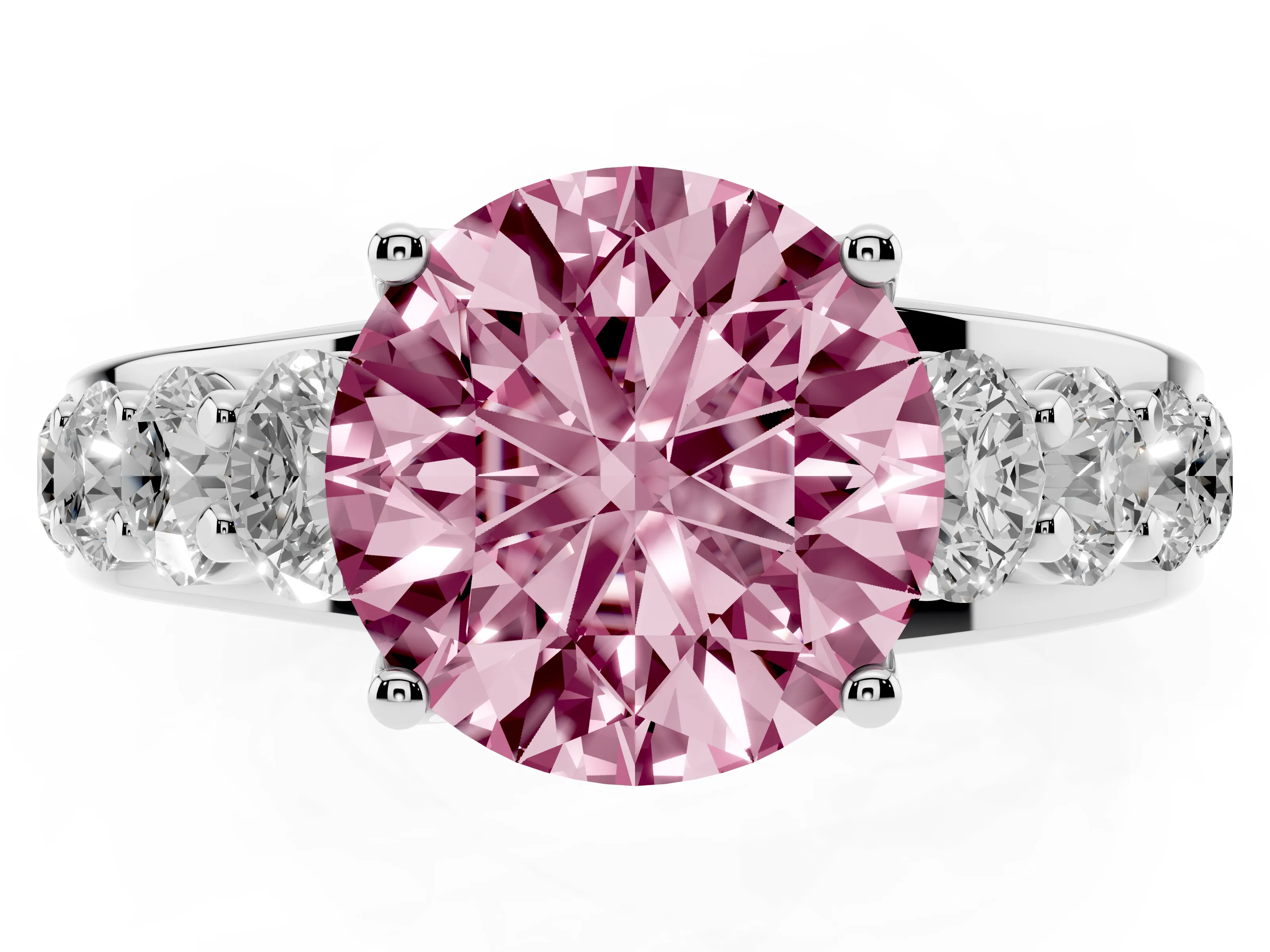 Fancy Pink Round Cut Diamond Pavé Engagement Ring Set in Silver with Prong Setting