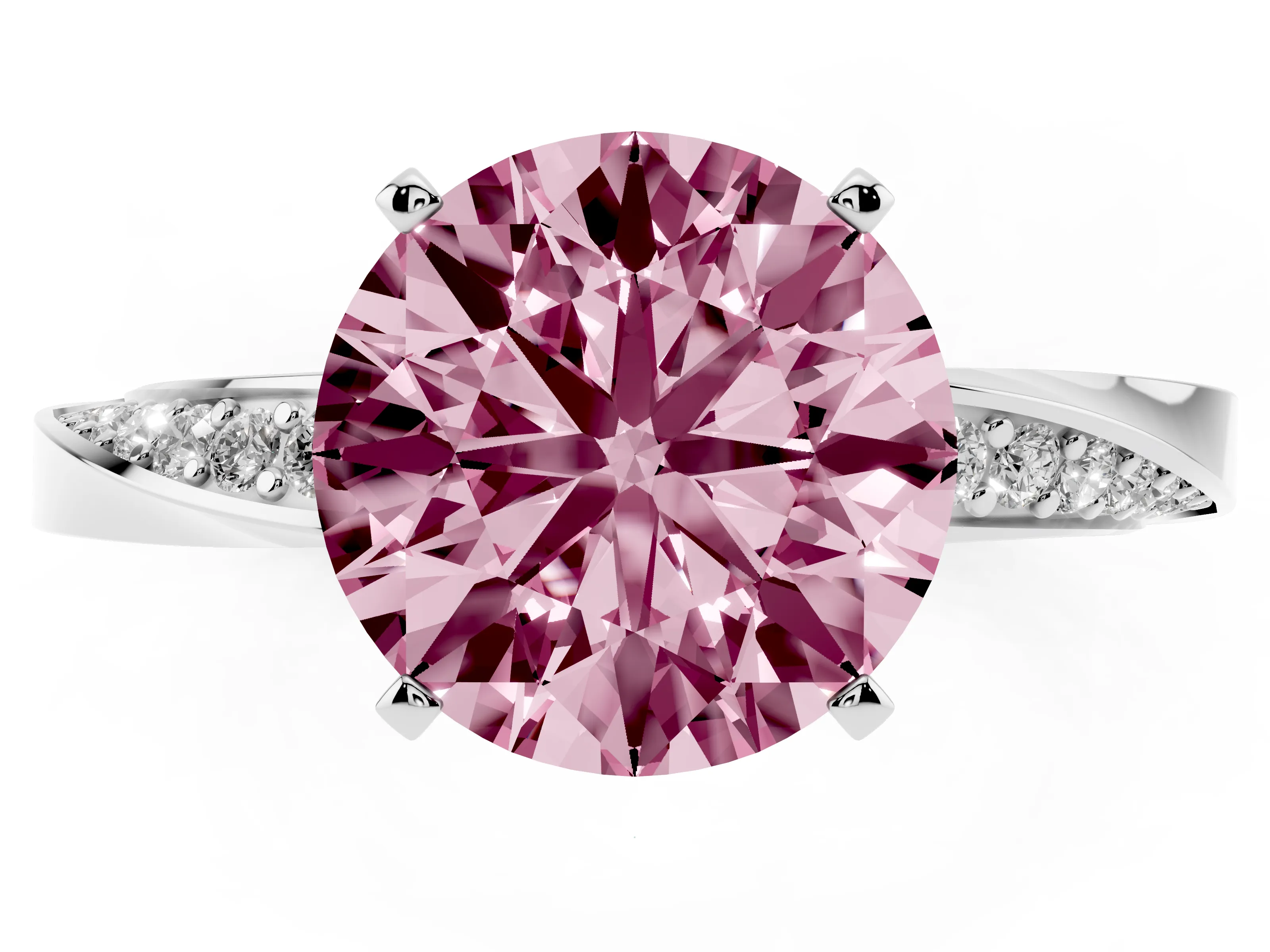 Fancy Pink Round Cut Diamond Engagement Ring Set in Silver with Side Stone Accents and Prong Setting