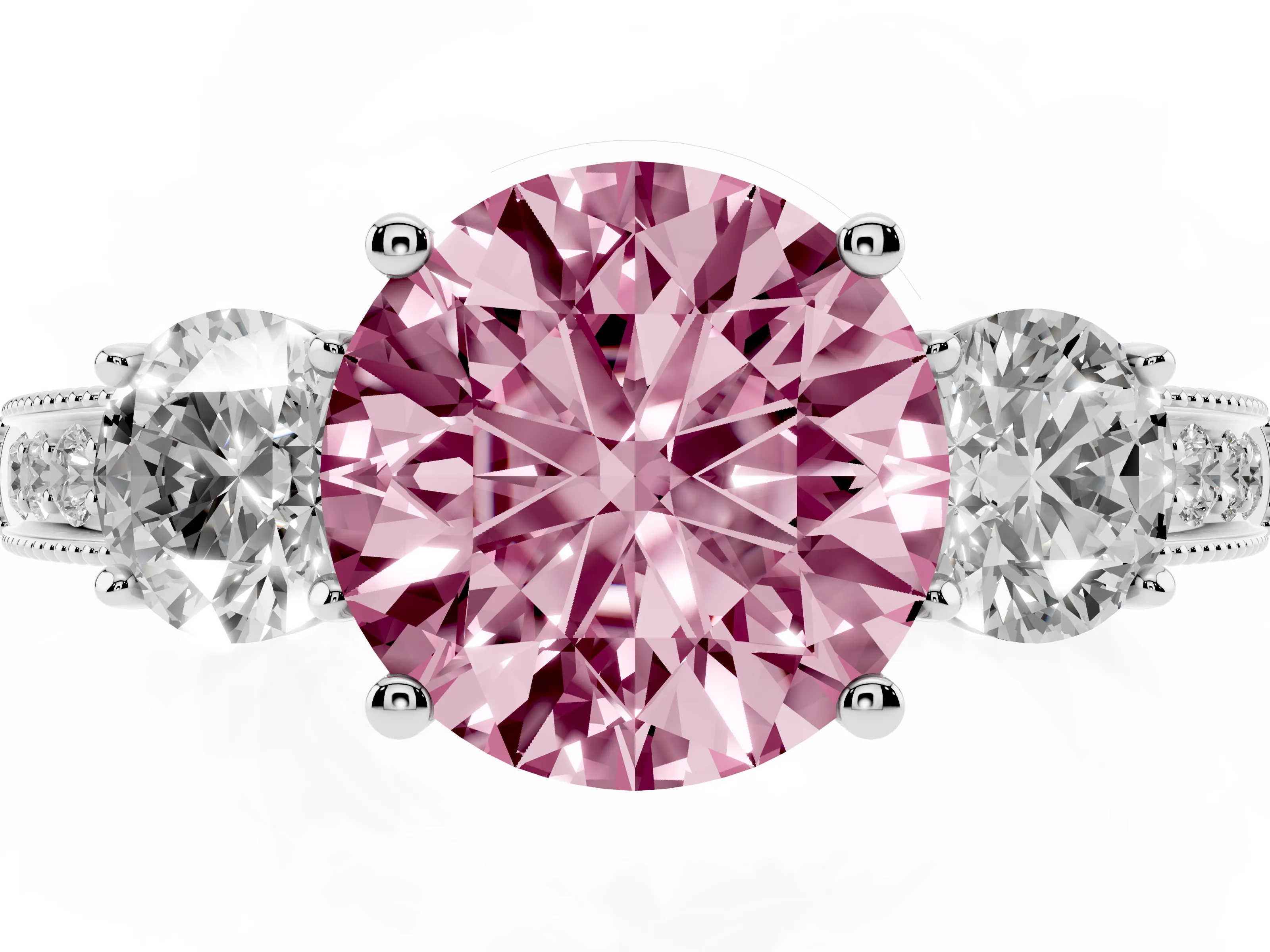 Fancy Pink Round Cut Diamond Three-Stone Ring Set in White gold with Round Side Stones and Pavé Band