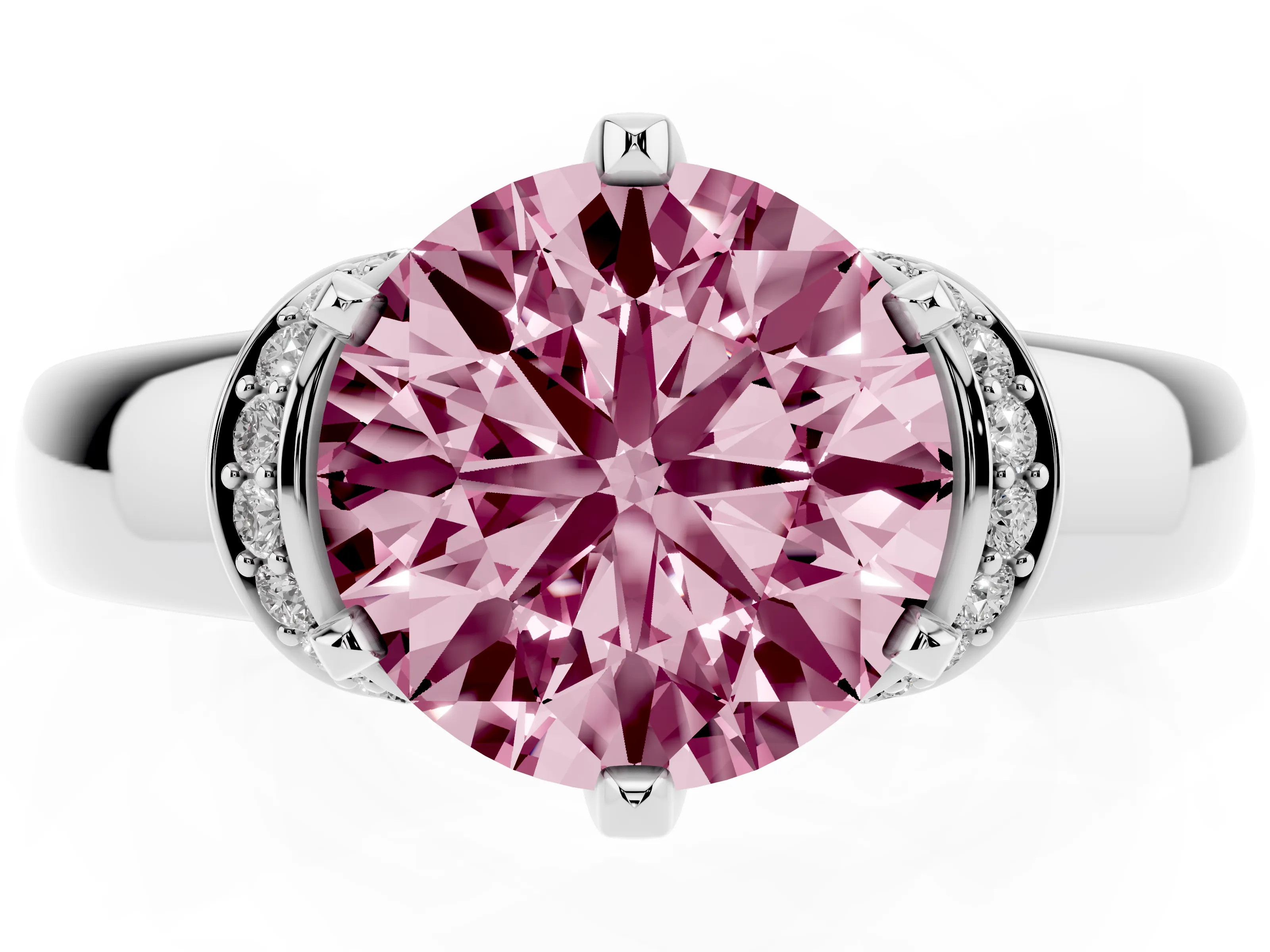 Fancy Pink Round Cut Diamond Pavé Band Solitaire Ring Set in Silver with Prong Setting