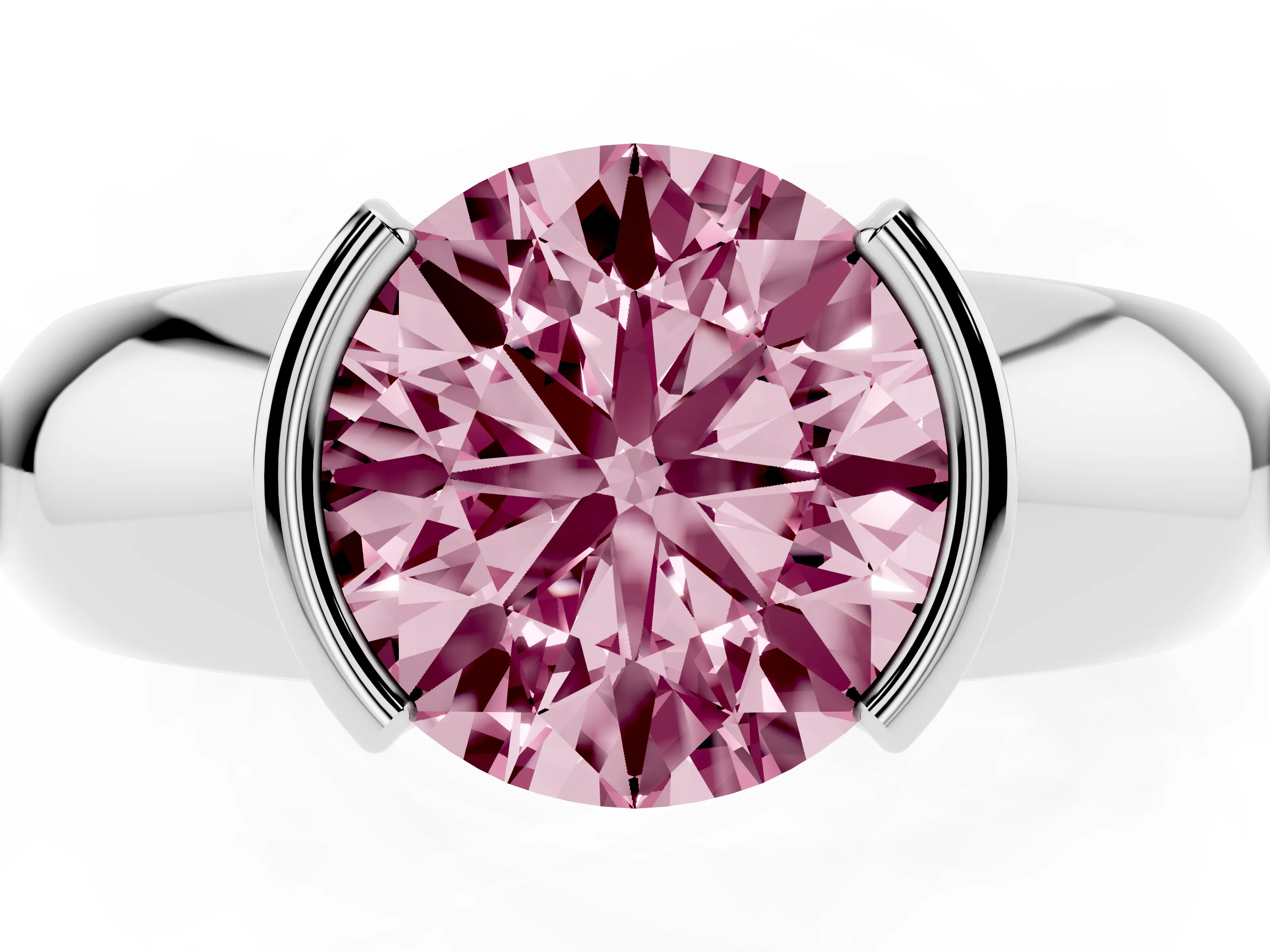 Fancy Pink Round Cut Diamond Solitaire Tension Set Ring Set in Platinum with Wide Band