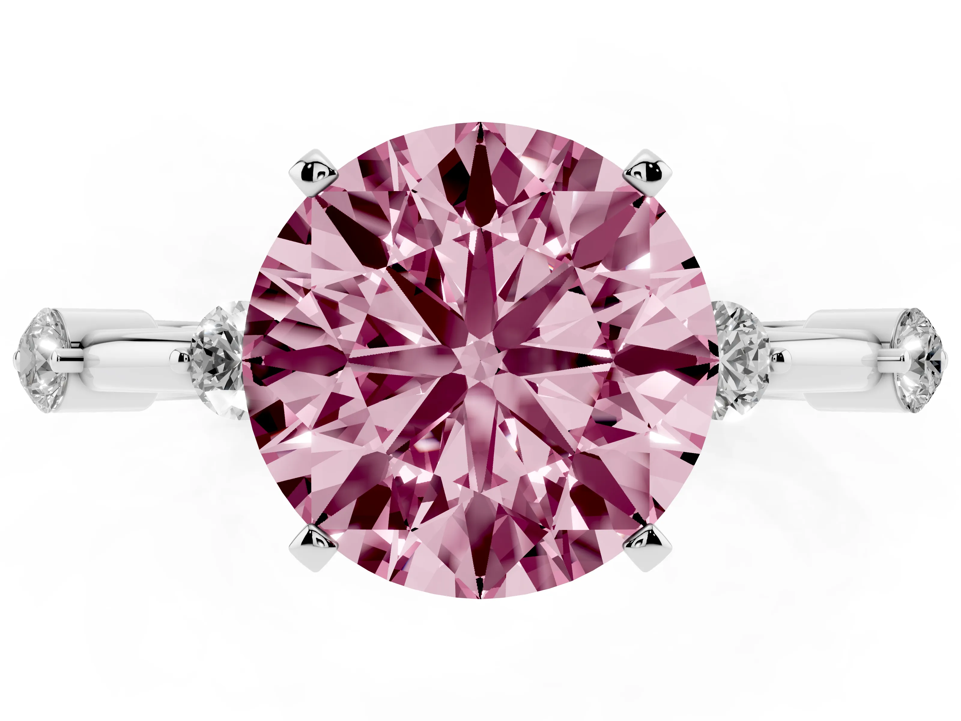 Fancy Pink Round Cut Diamond Solitaire Ring Set in Silver with Bezel Set Side Stones and Prong Setting