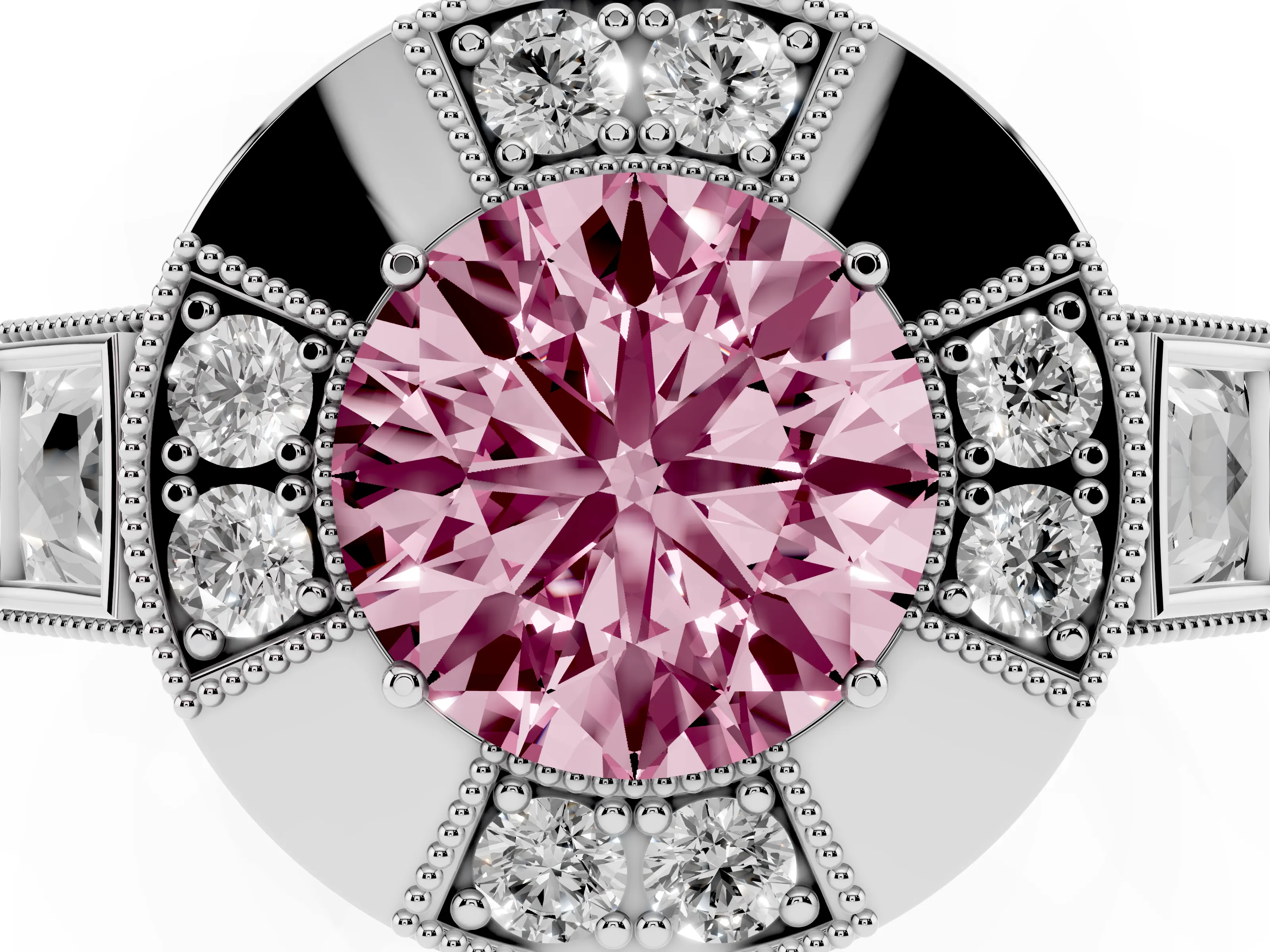 Fancy Pink Round Cut Diamond Milgrain Halo Ring Set in Platinum with Split Shank