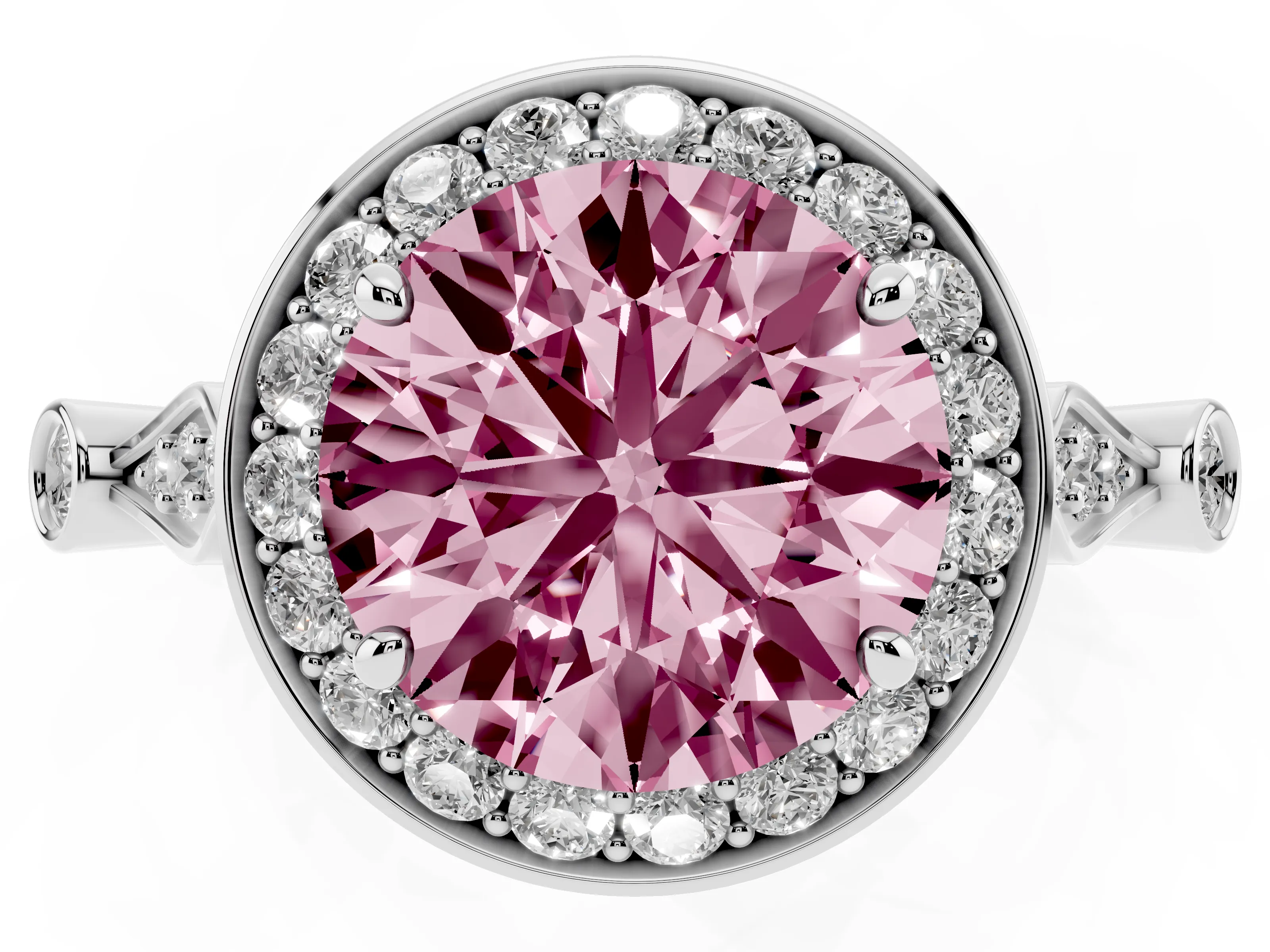 Fancy Pink Round Cut Diamond Halo Engagement Ring Set in Silver with Twisted Band and Prong Setting