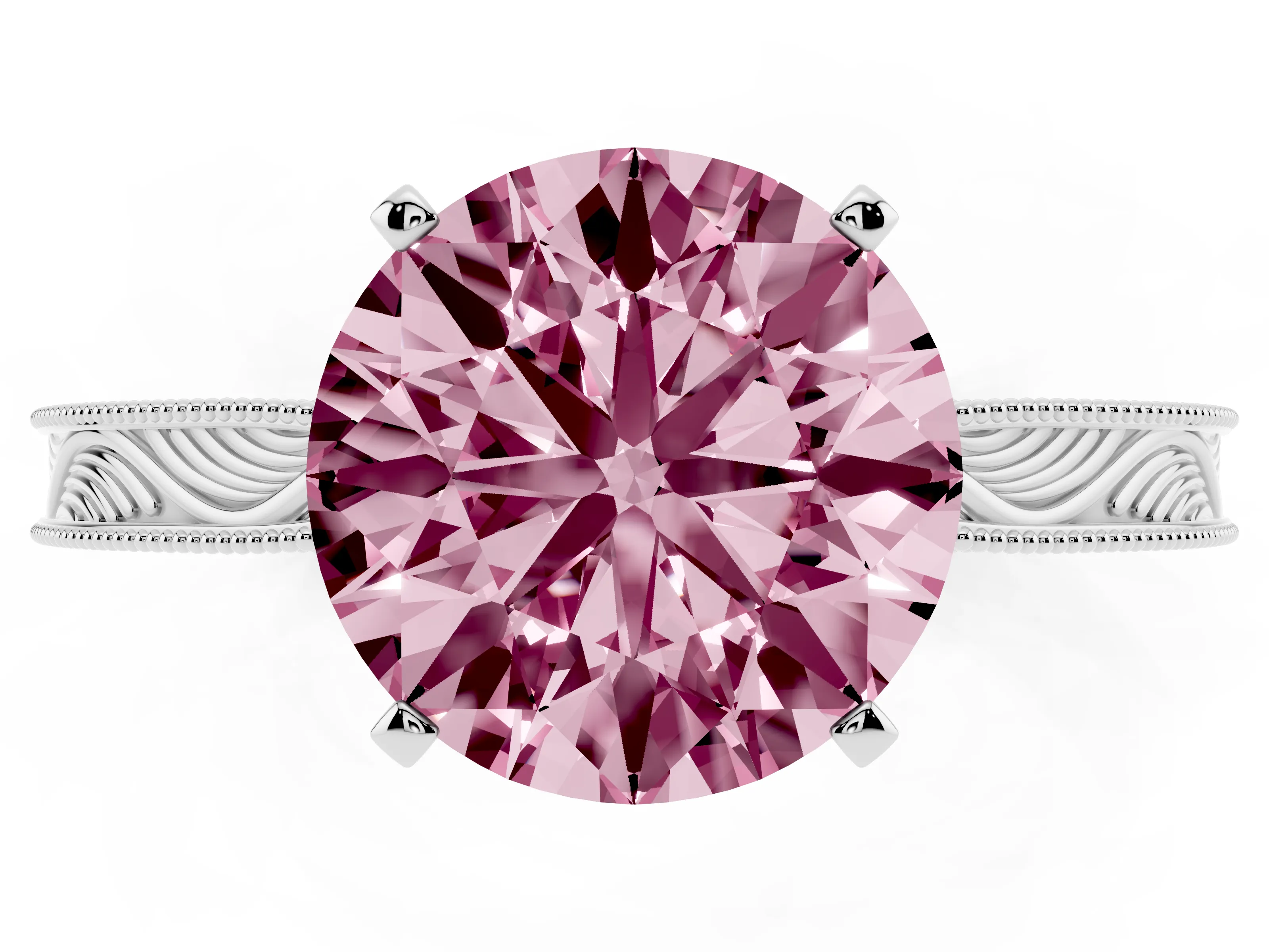 Fancy Pink Round Cut Diamond Solitaire Milgrain Engraved Band Set in Platinum with Prong Setting