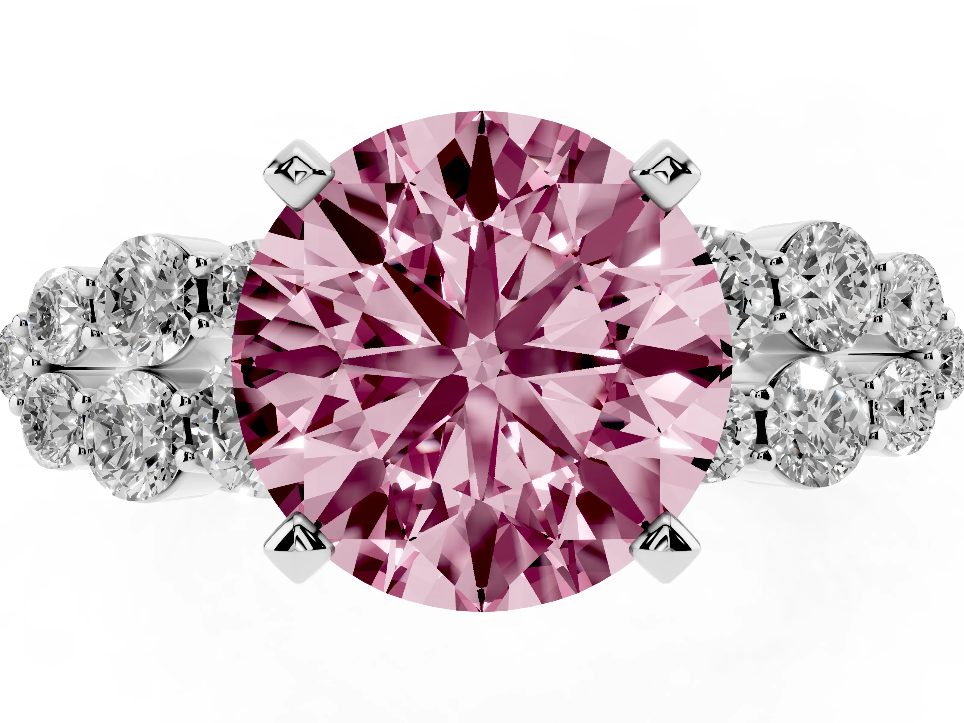 Fancy Pink Round Cut Diamond Cluster Engagement Ring Set in Silver with Pavé Band and Prong Setting