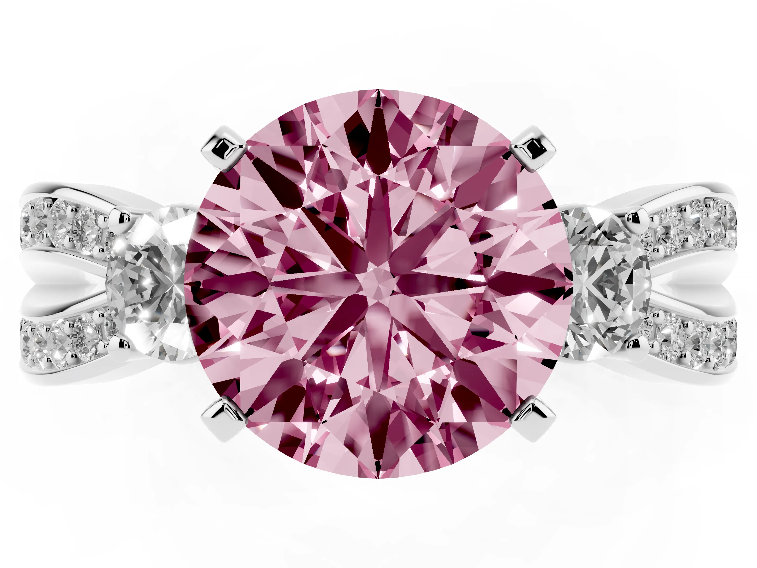 Fancy Pink Three-Stone Round Cut Diamond Twist Band Ring Set in Platinum with Pavé Accents and Prong Setting
