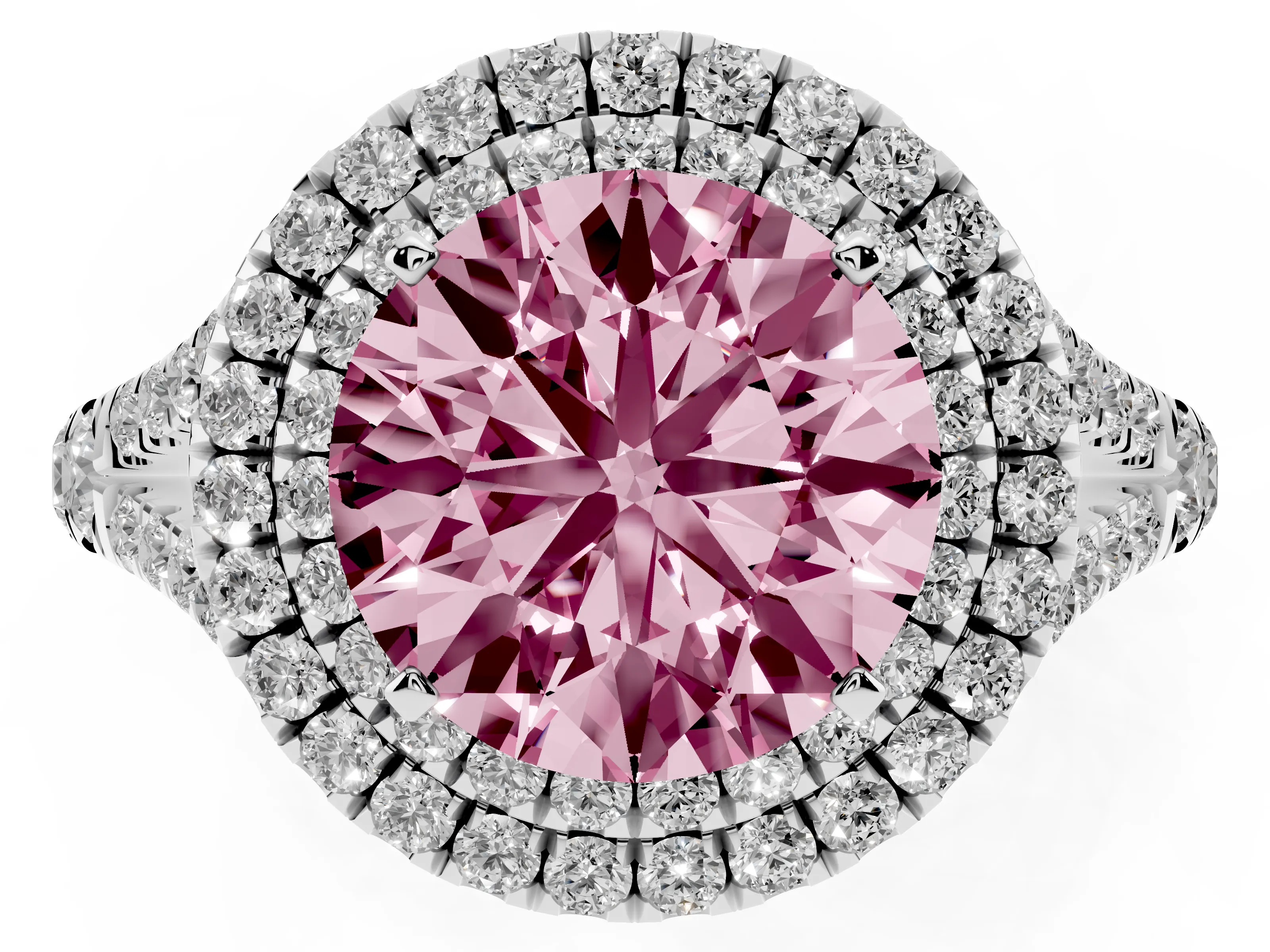 Fancy Pink Round Cut Diamond Pavé Split Shank Double Halo Engagement Ring Set in Silver