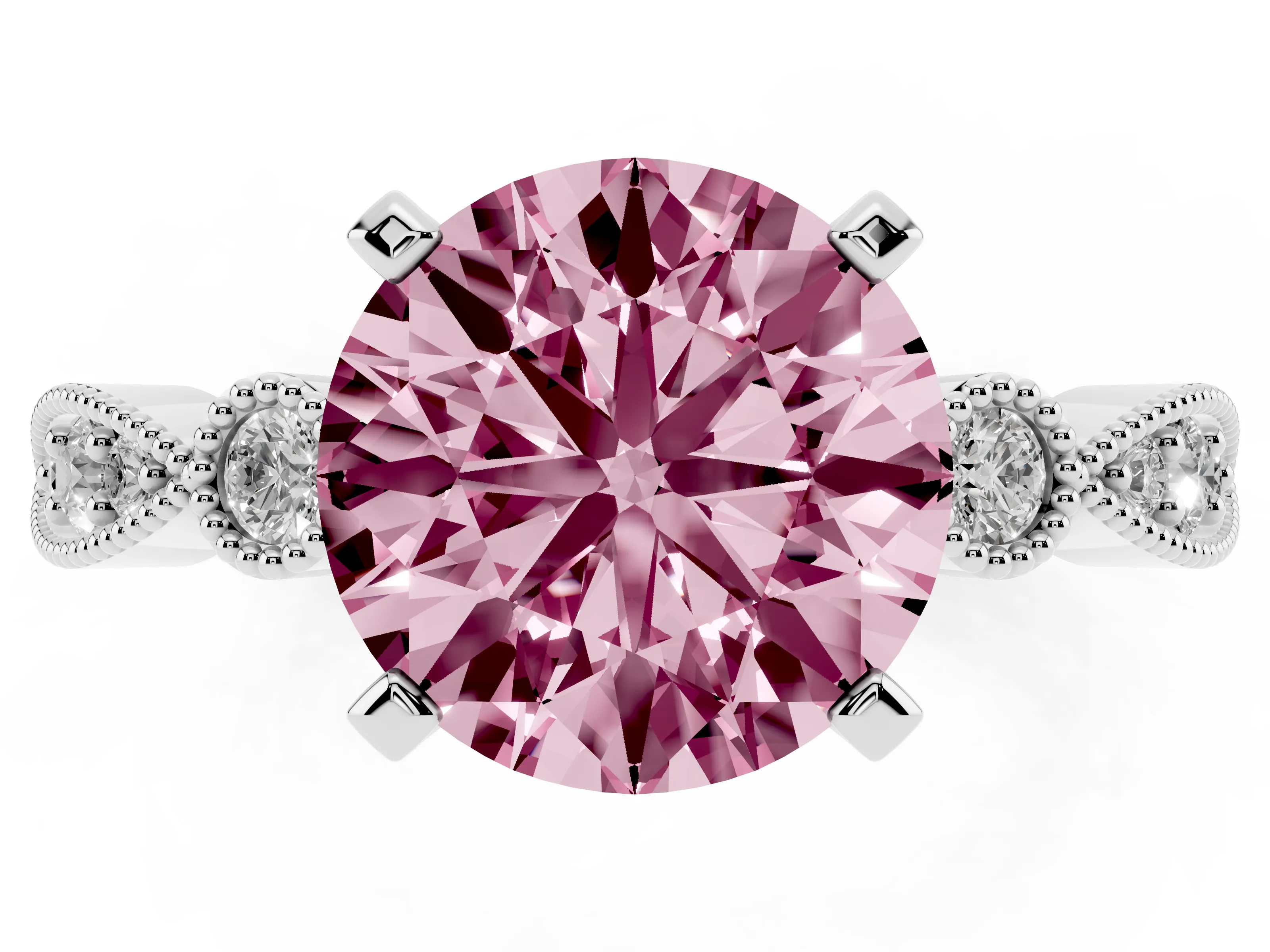 Fancy Pink Round Cut Diamond Solitaire Engagement Ring Set in Silver with Milgrain Bezel Accent Band