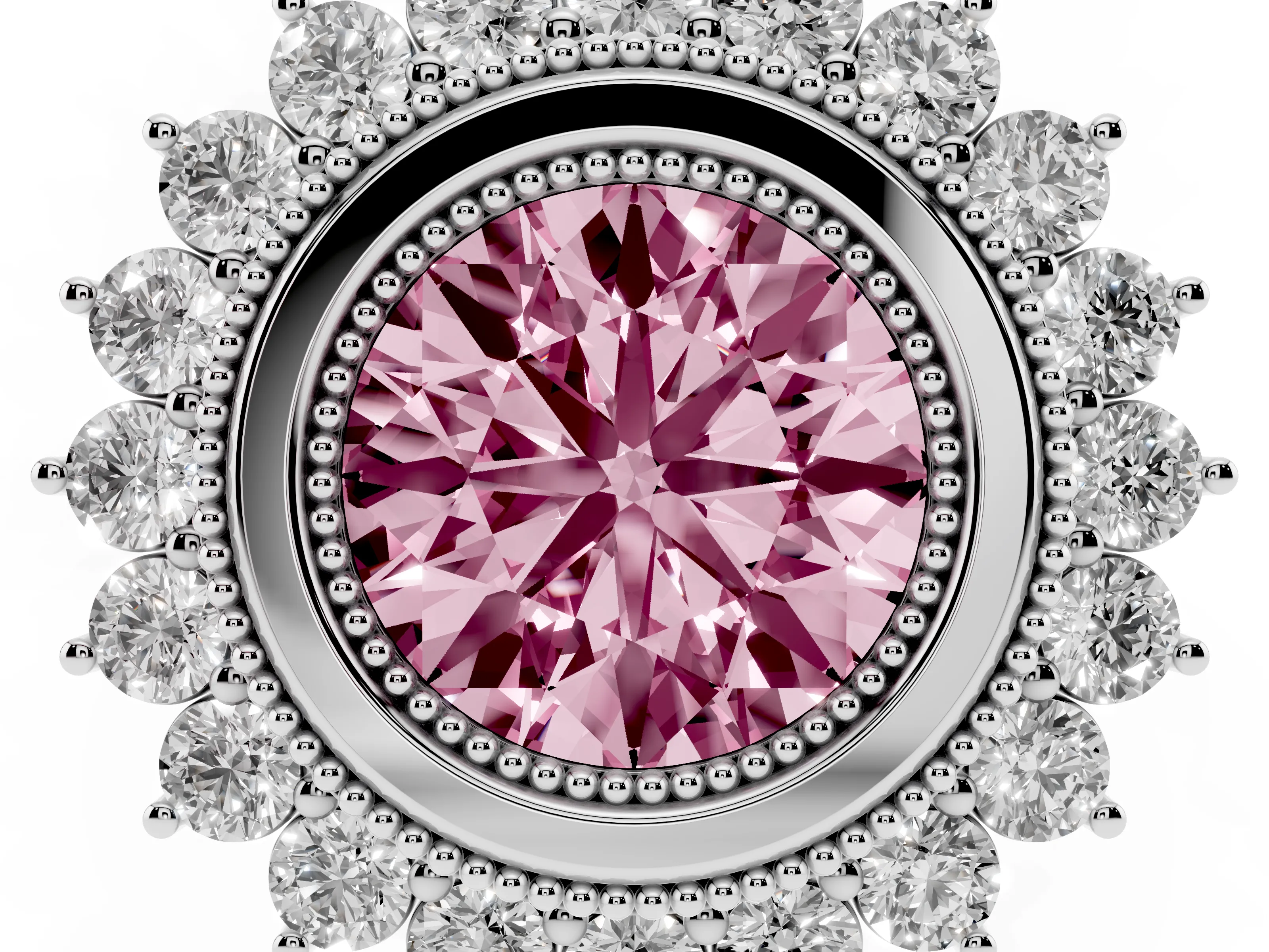 Fancy Pink Round Cut Diamond Halo Ring Set in Silver with Milgrain Edge and Round Prong Setting
