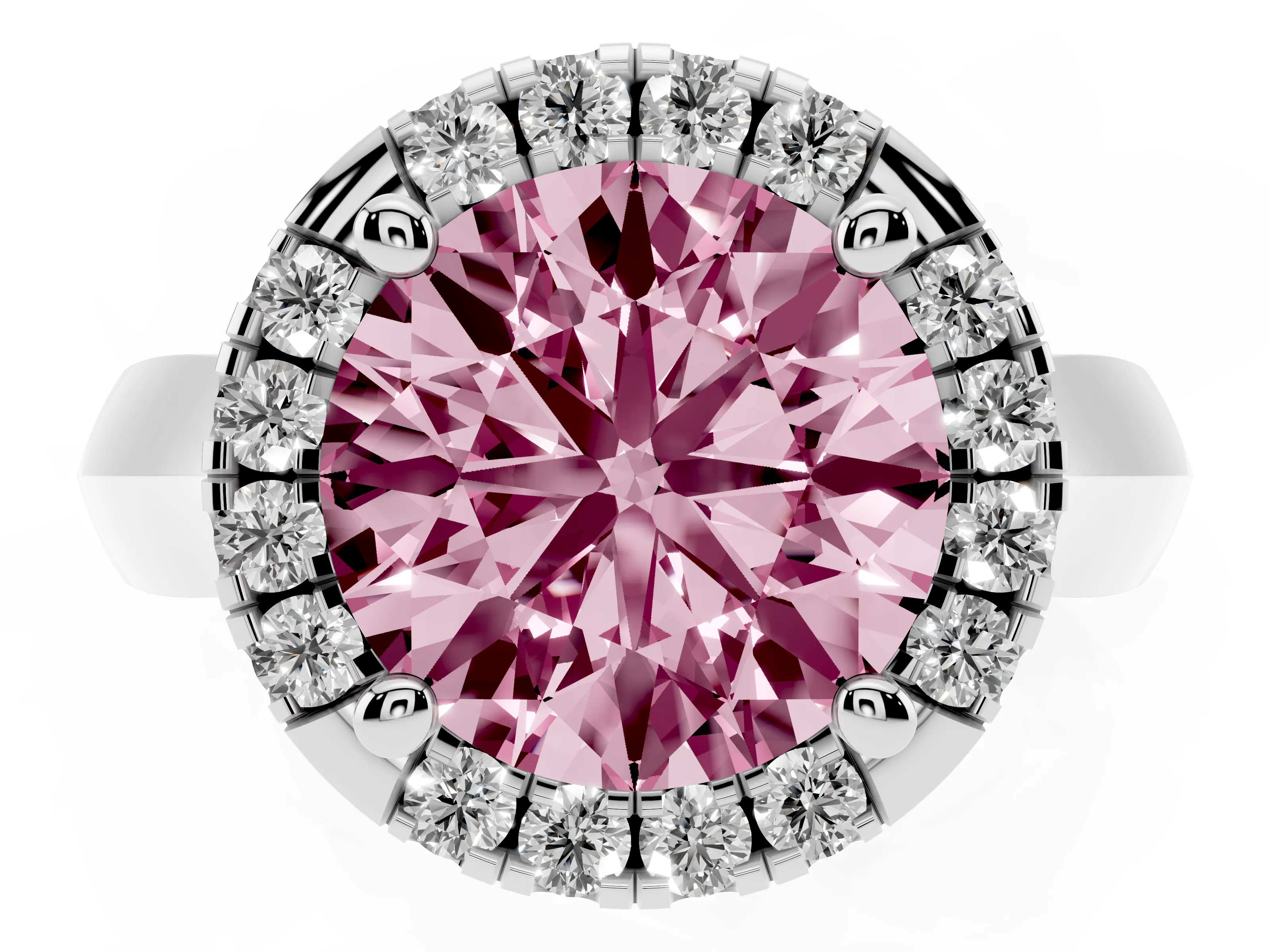 Fancy Pink Round Cut Diamond Halo Solitaire Engagement Ring Set in White gold with Square Band and Prong Setting