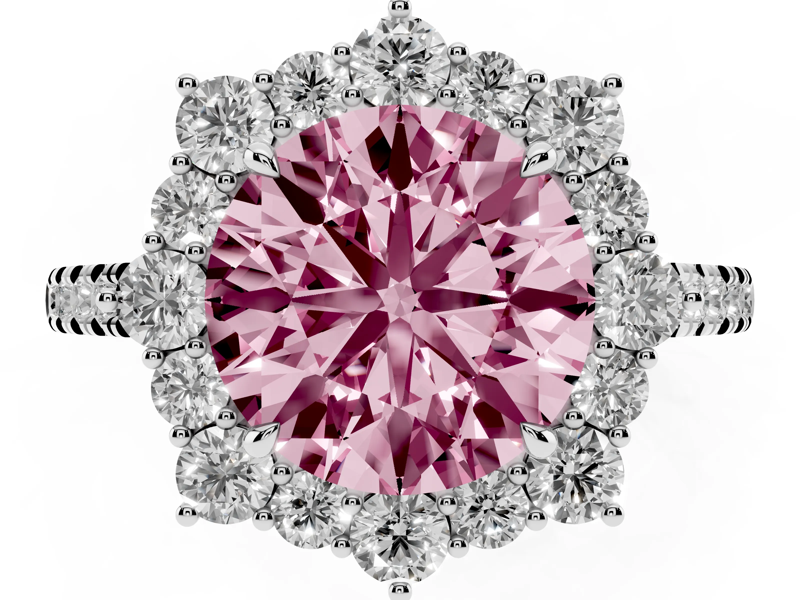 Fancy Pink Round Cut Diamond Halo Ring Set in Silver with Pavé Band and Prong Setting