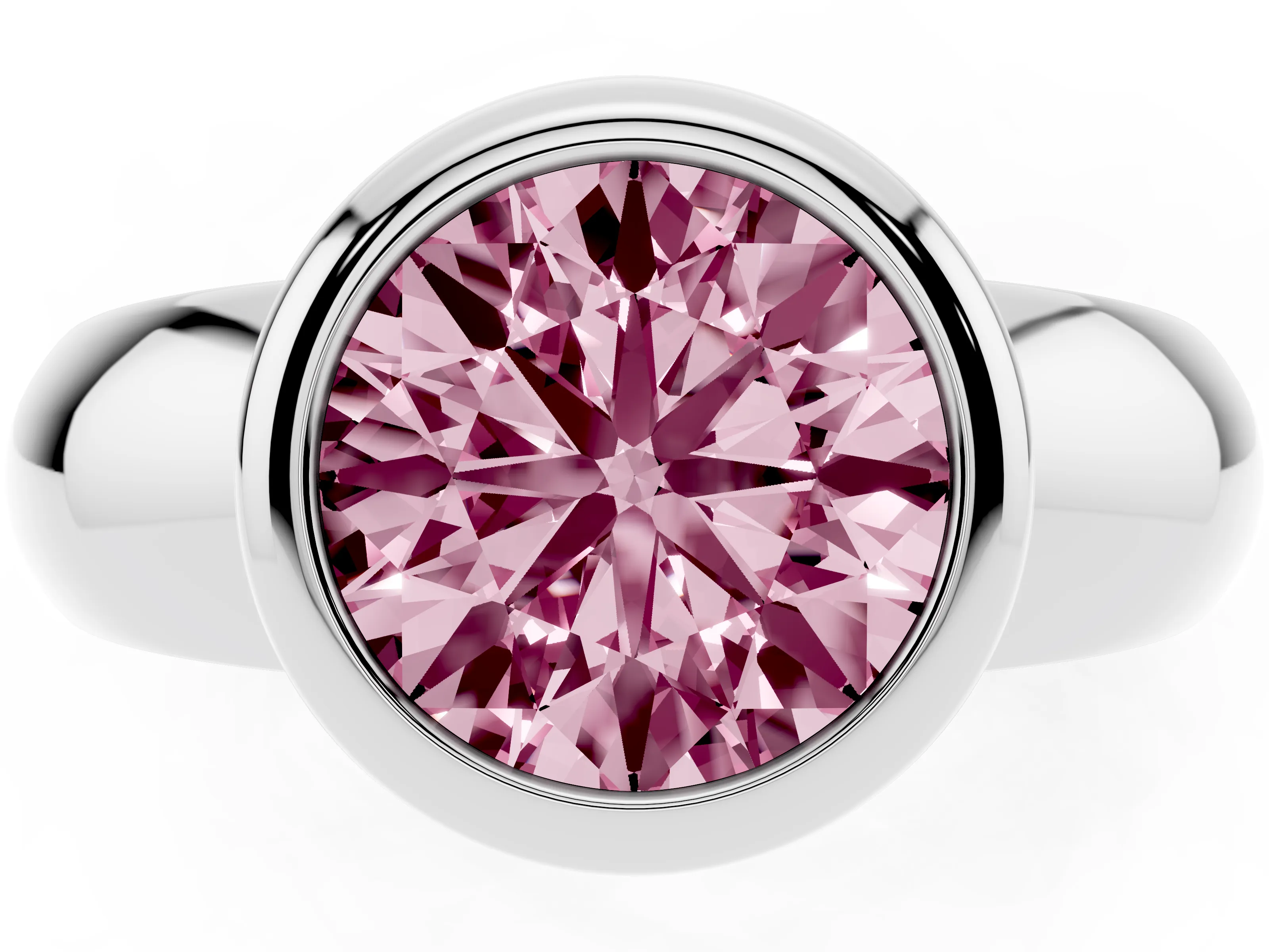 Fancy Pink Bezel Set Round Cut Diamond Solitaire Ring Set in Platinum with Wide Band