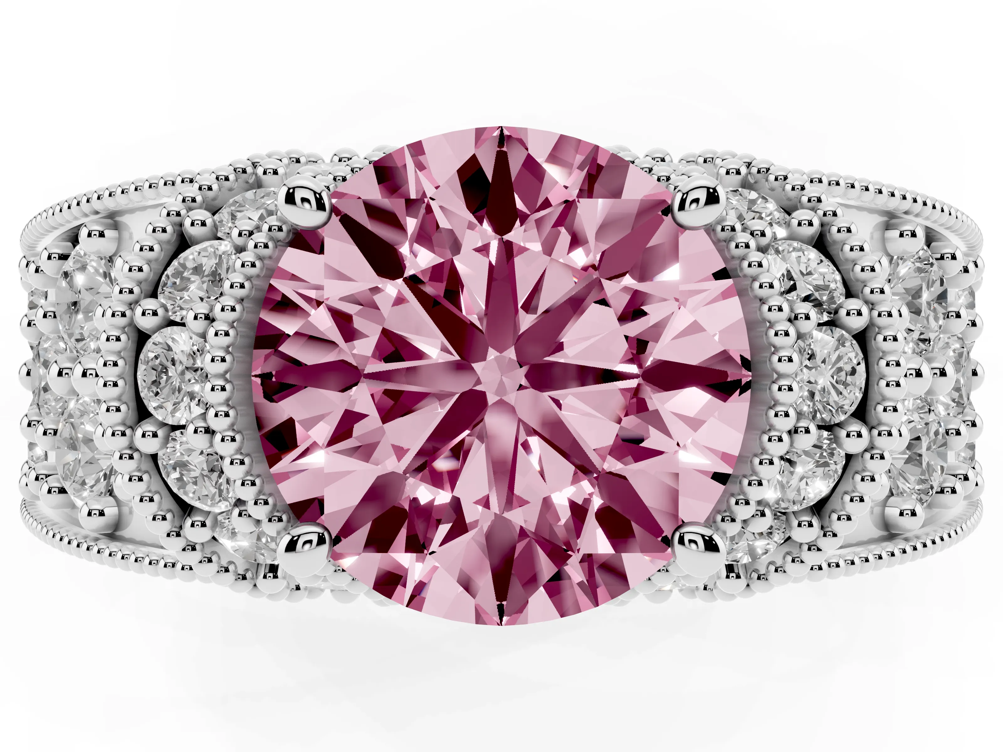 Fancy Pink Round Cut Diamond Milgrain Halo Pavé Engagement Ring Set in Silver with Prong Setting