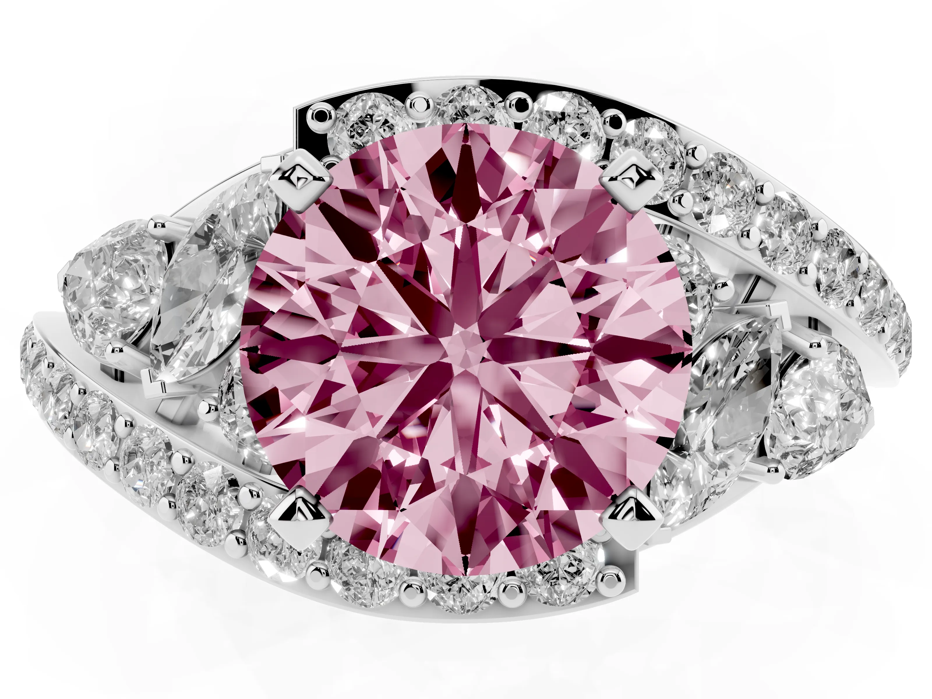 Fancy Pink Round Cut Diamond Halo Ring Set in Silver with Marquise and Pavé Band in Prong Setting