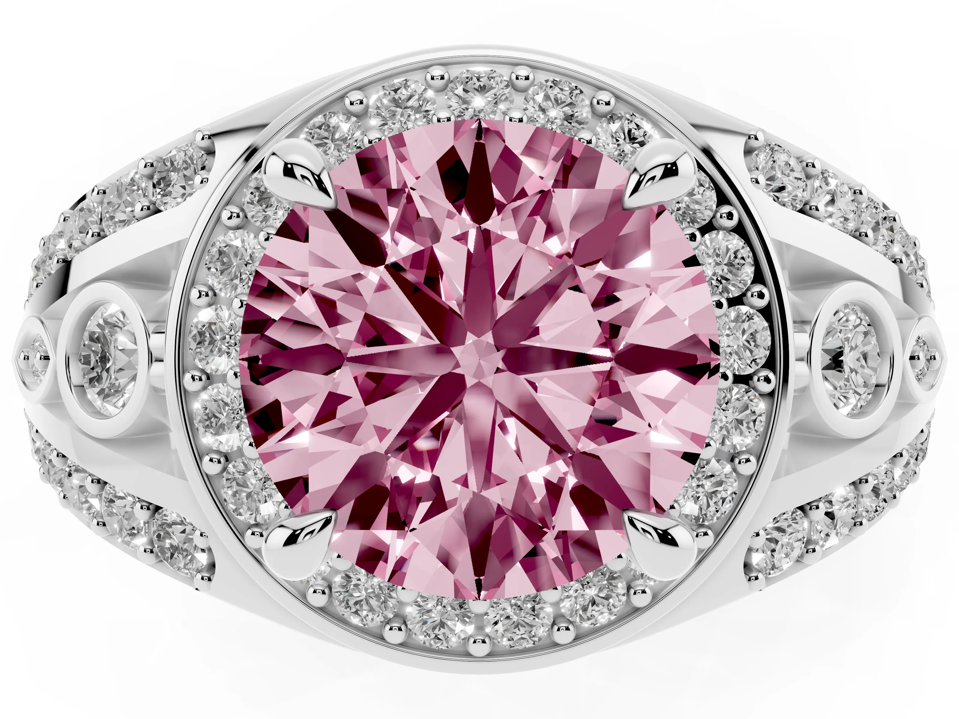 Fancy Pink Round Cut Diamond Halo Ring Set in Platinum with Pavé Split Shank and Bezel Accents