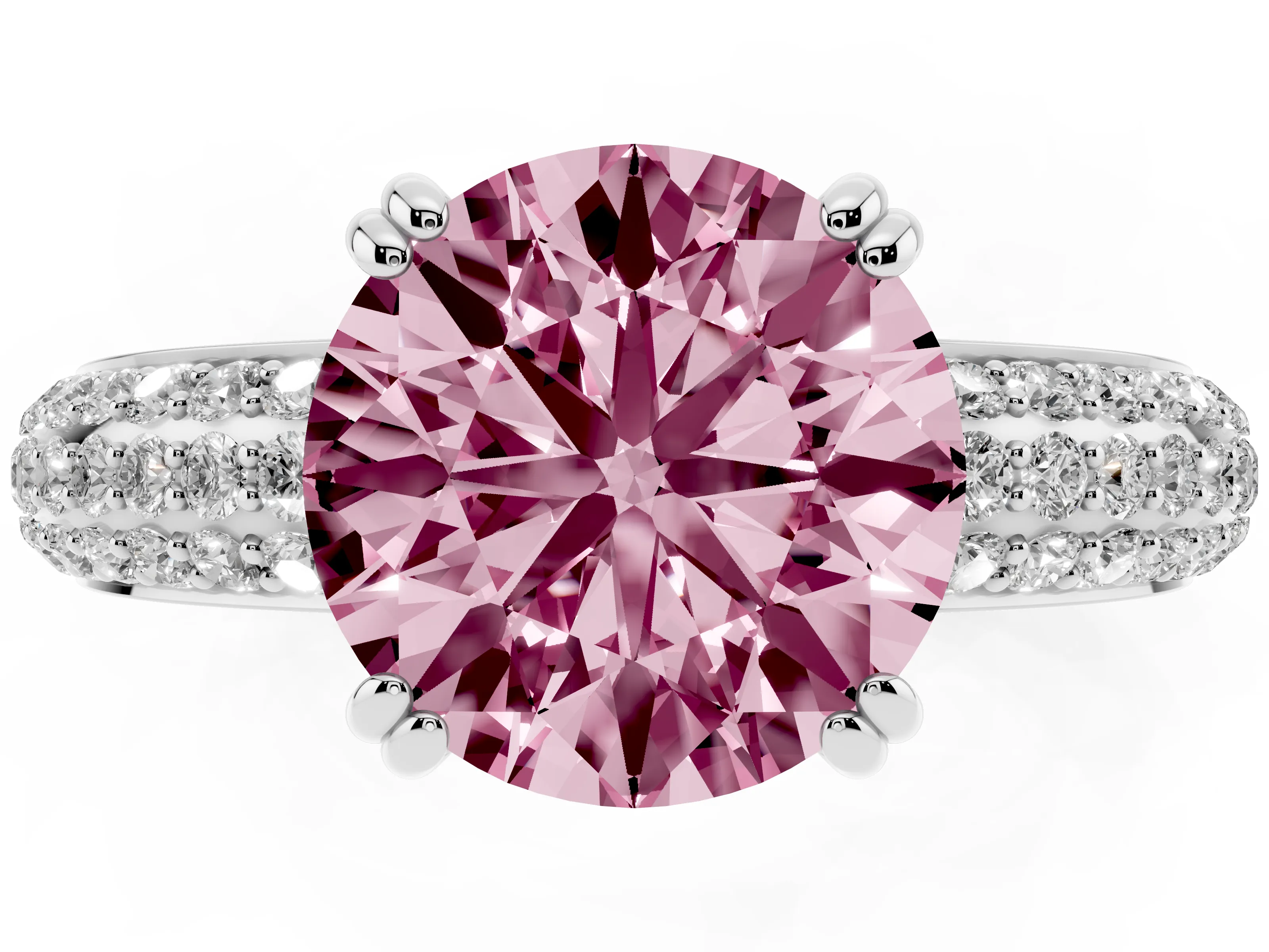 Fancy Pink Round Cut Diamond Solitaire Ring Set in Silver with Multi-Row Round Pavé Band and Prong Setting