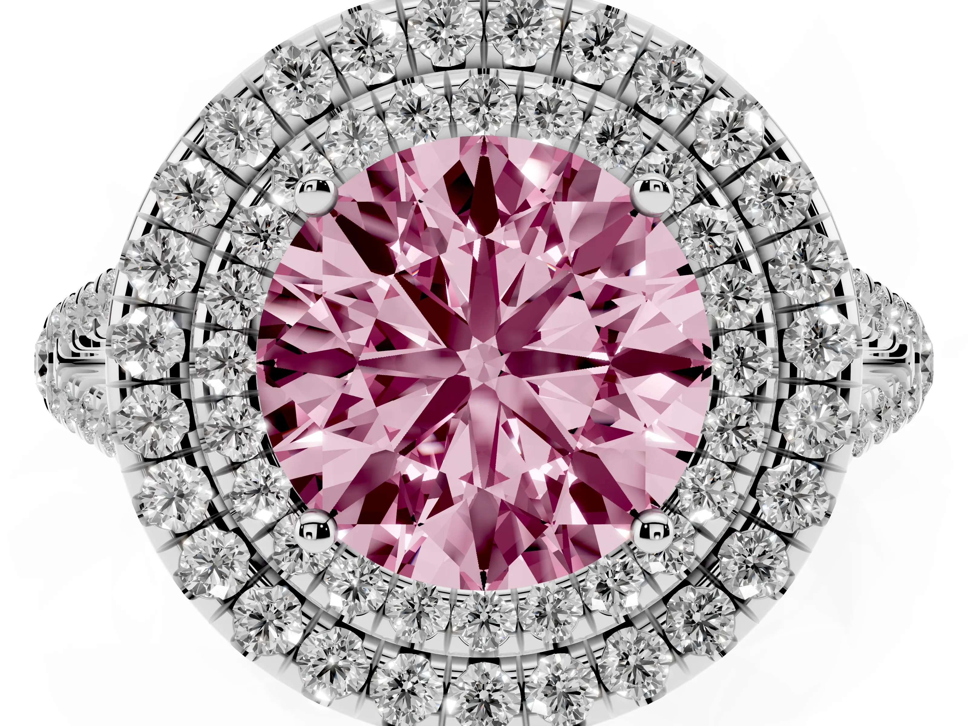 Fancy Pink Round Cut Diamond Double Halo Ring Set in White gold with Pavé Band