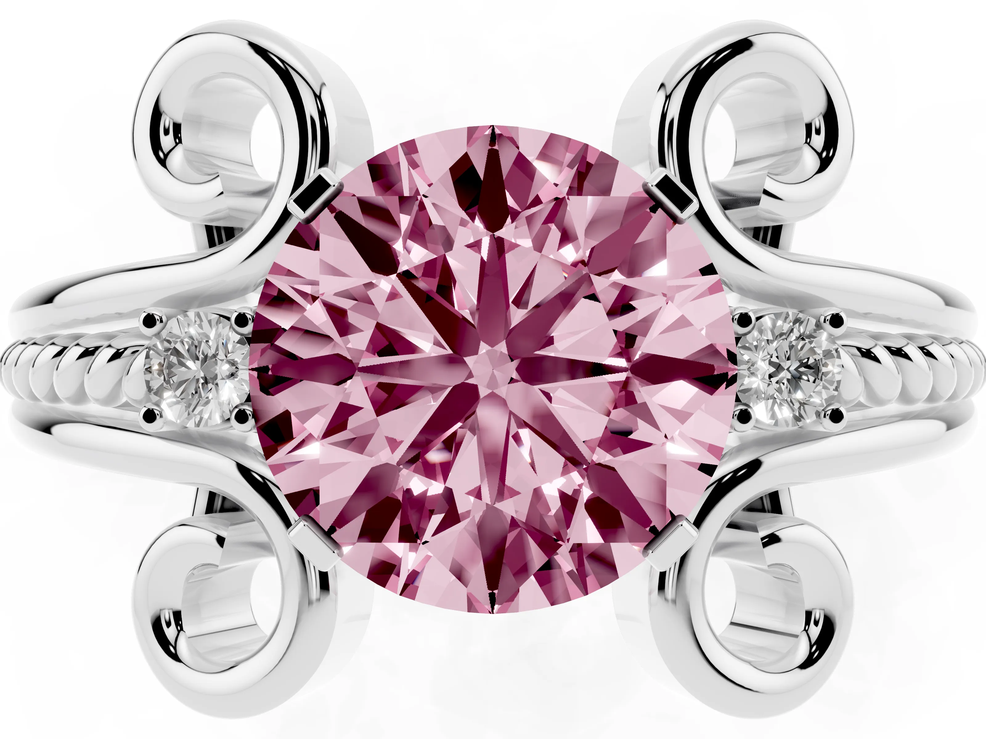 Fancy Pink Round Cut Diamond Twisted Band Solitaire Ring Set in Platinum with Scroll Prongs