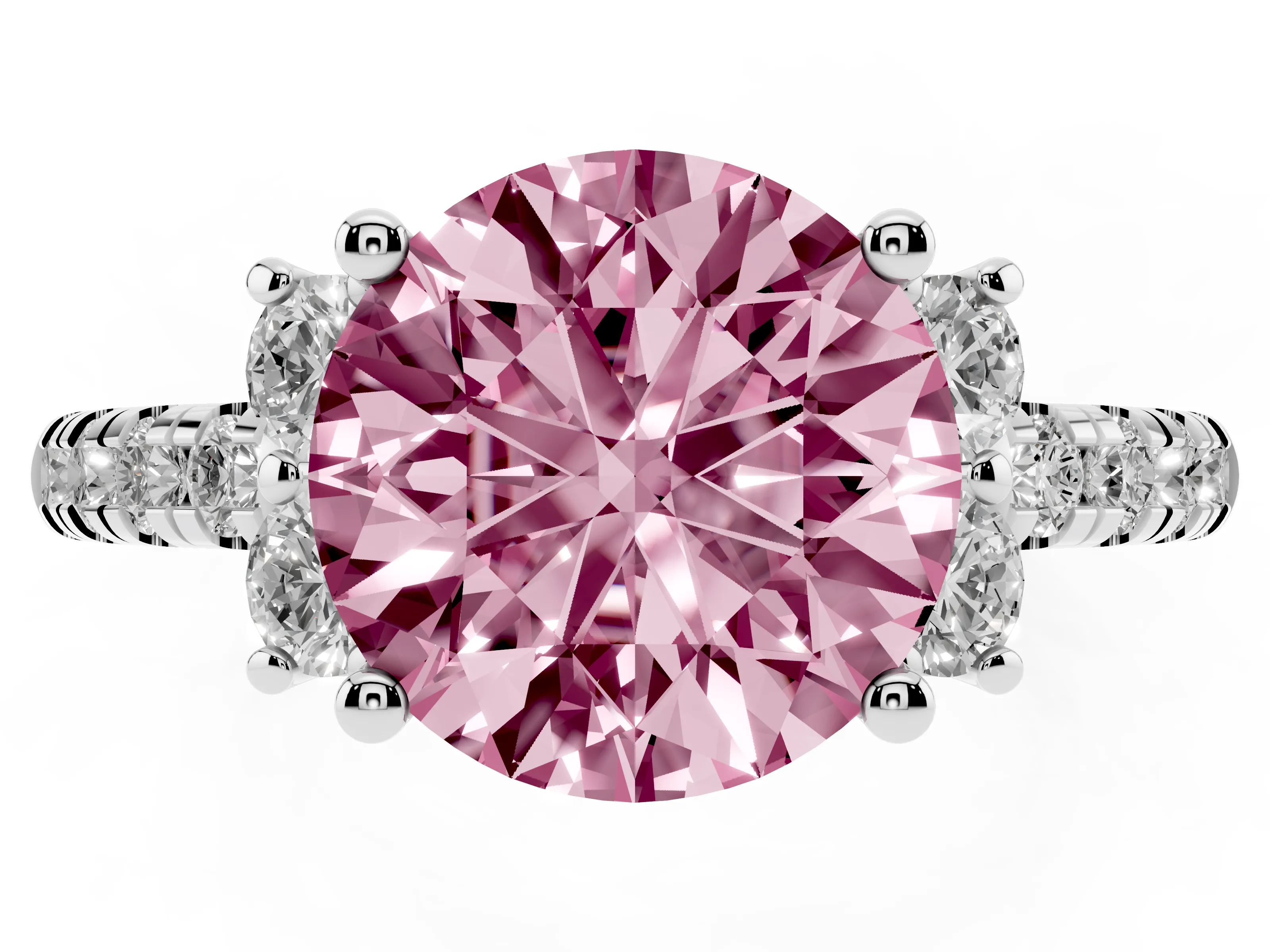 Fancy Pink Round Cut Diamond Three-Stone Pavé Ring Set in Silver with Prong Setting