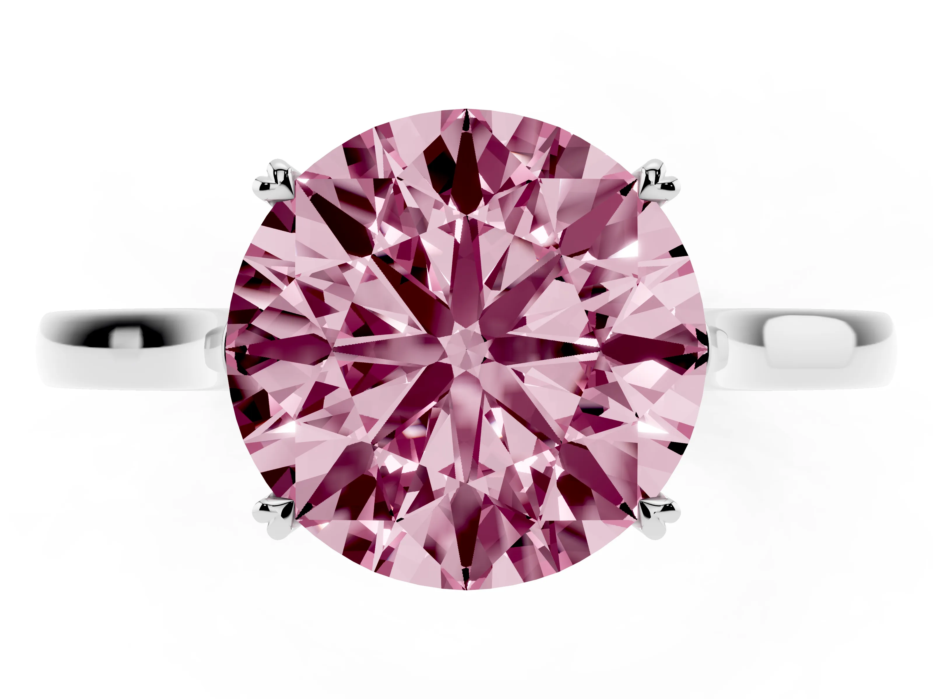 Fancy Pink Round Cut Diamond Solitaire Heart Prong Engagement Ring Set in Platinum with Tapered Band