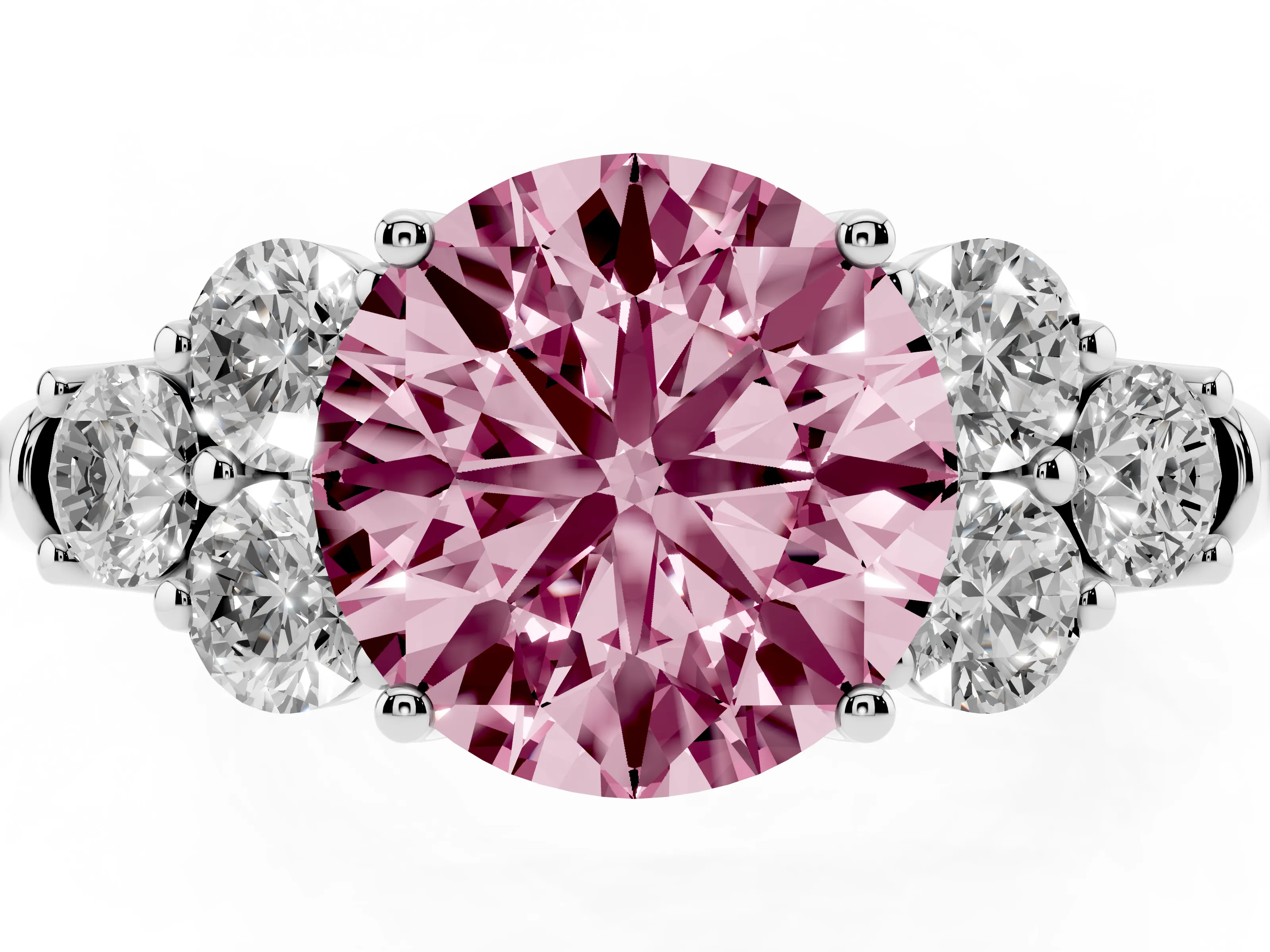 Fancy Pink Round Cut Diamond Cluster Ring Set in Silver with Round Accent Stones and Prong Setting on a Plain Band