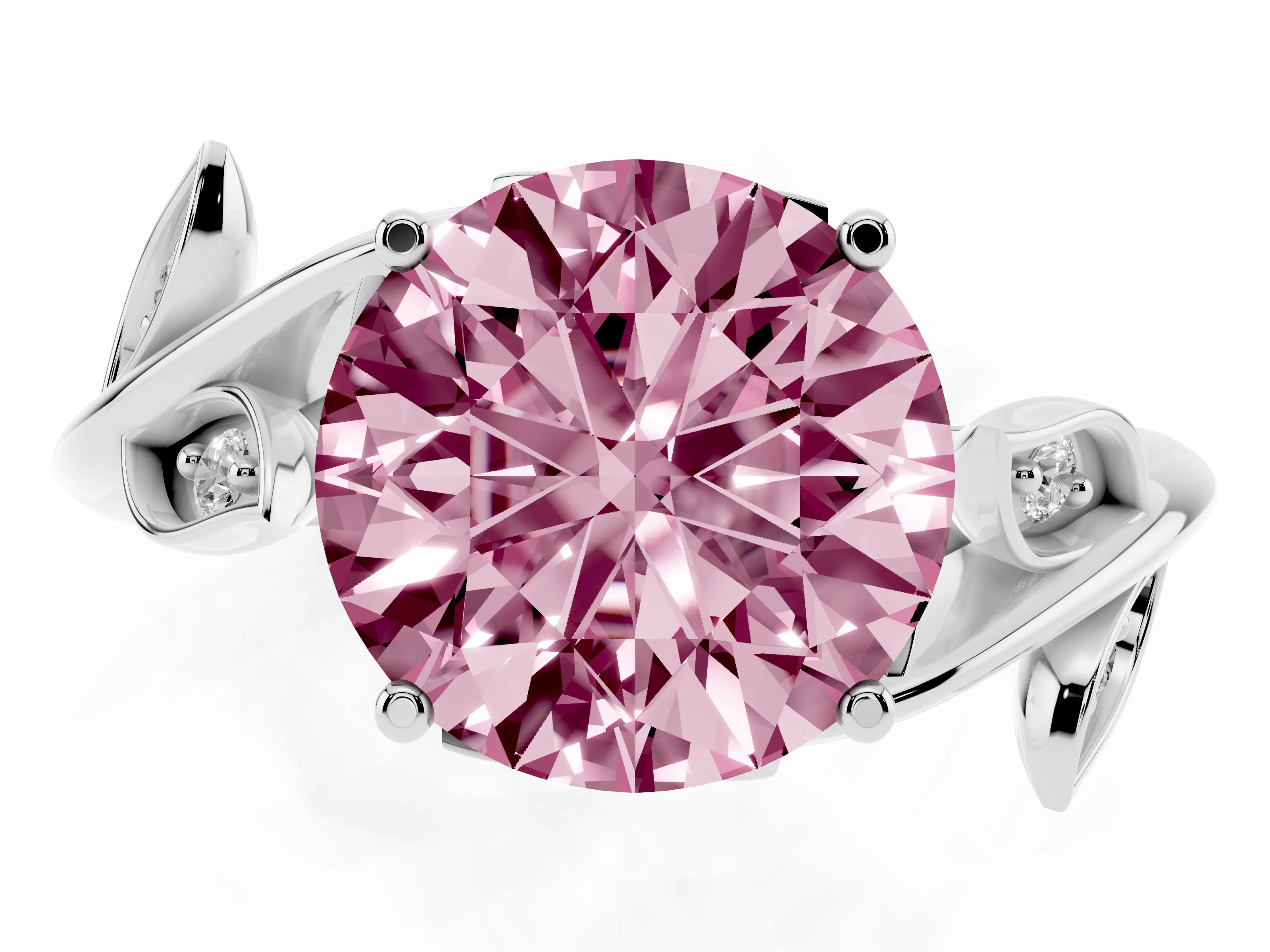 Fancy Pink Round Cut Diamond Solitaire Twist Engagement Ring Set in Platinum with Pavé Leaf Accents