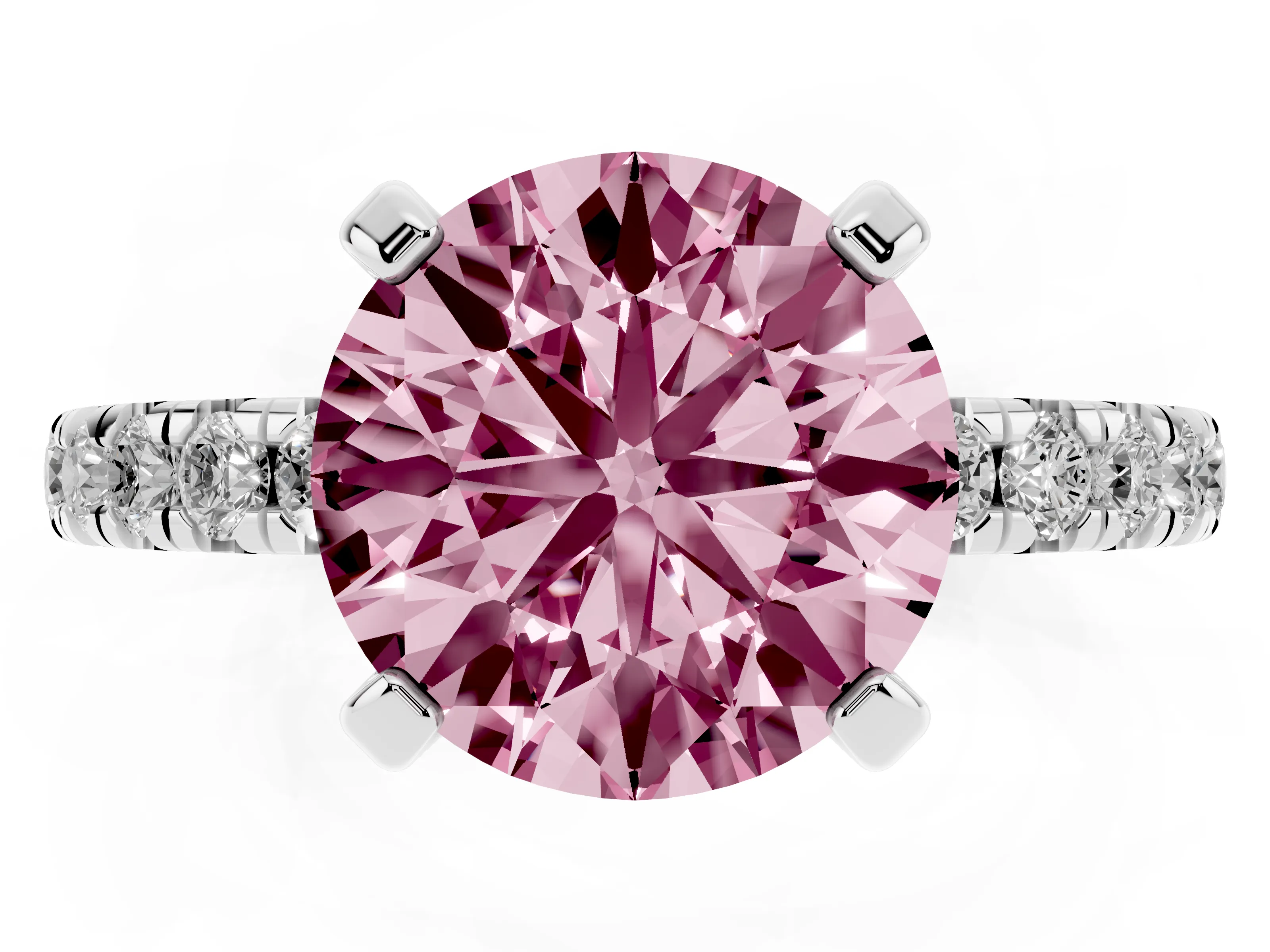 Fancy Pink Round Cut Diamond Pavé Solitaire Ring Set in Platinum with Round Band and Prong Setting