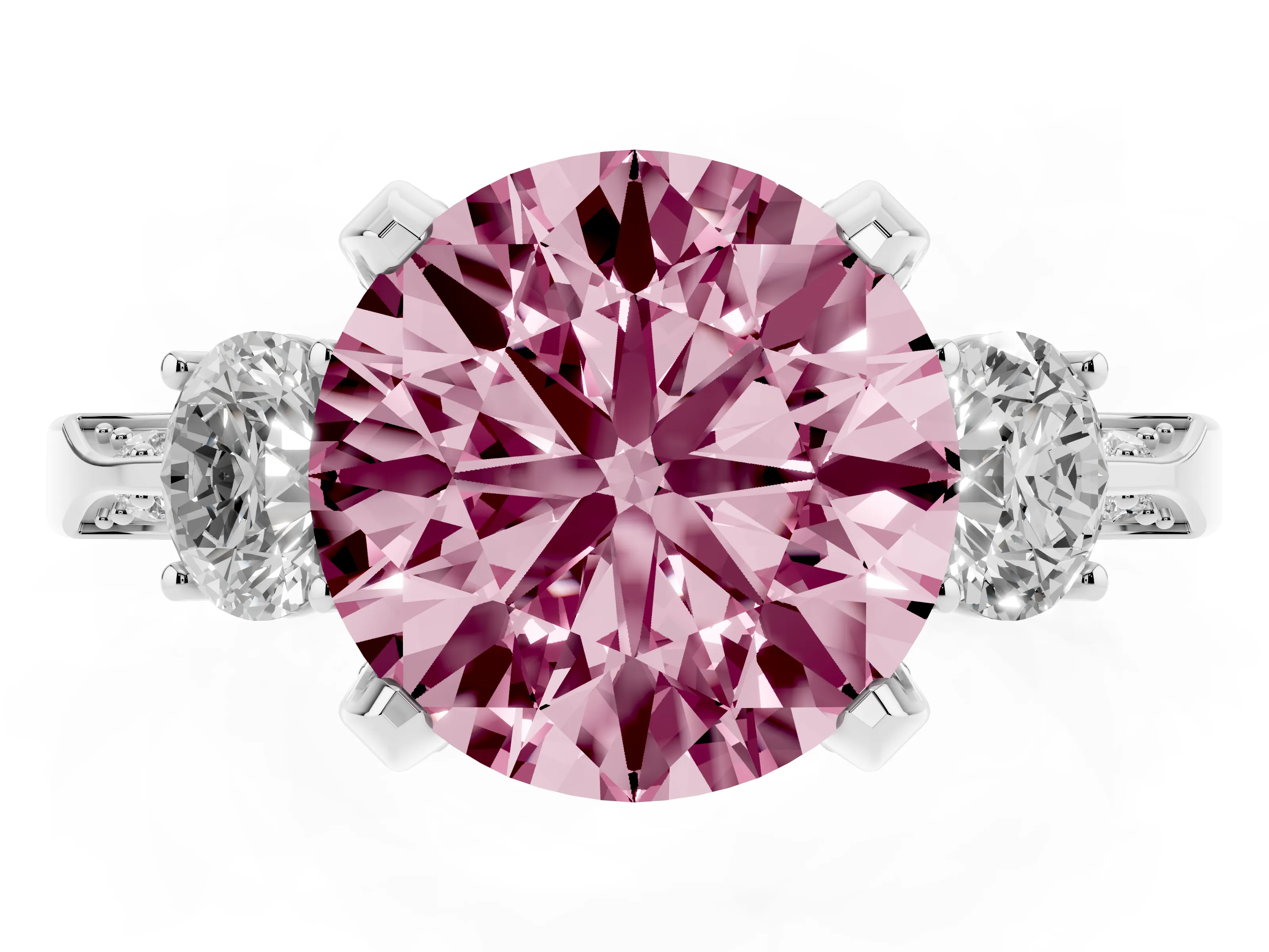 Fancy Pink Round Cut Diamond Three-Stone Ring Set in Platinum with Pavé Band and Smaller Side Stones