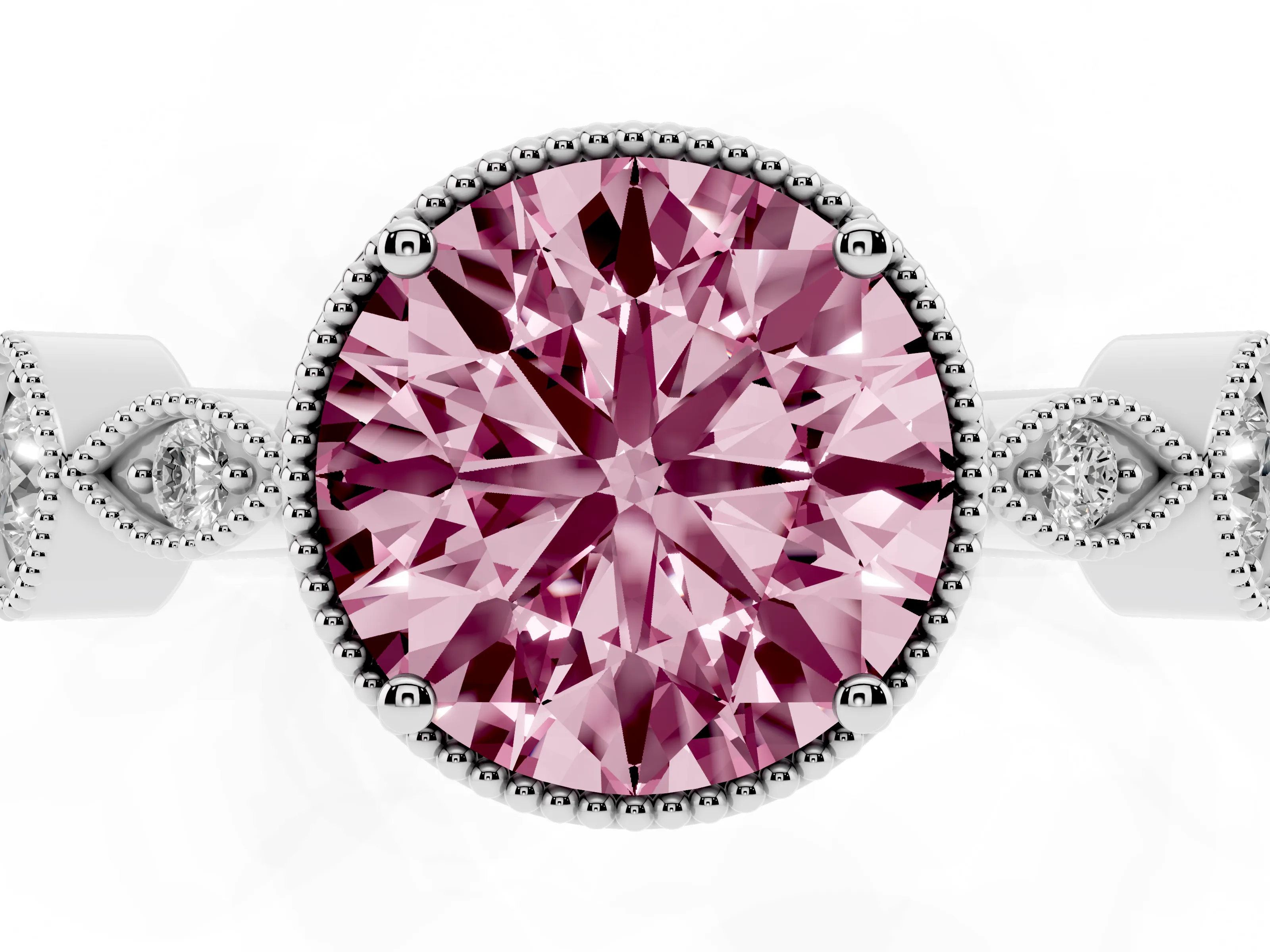 Fancy Pink Round Cut Diamond Vintage-Inspired Milgrain Ring Set in White gold with Marquise Stations of Round Accents