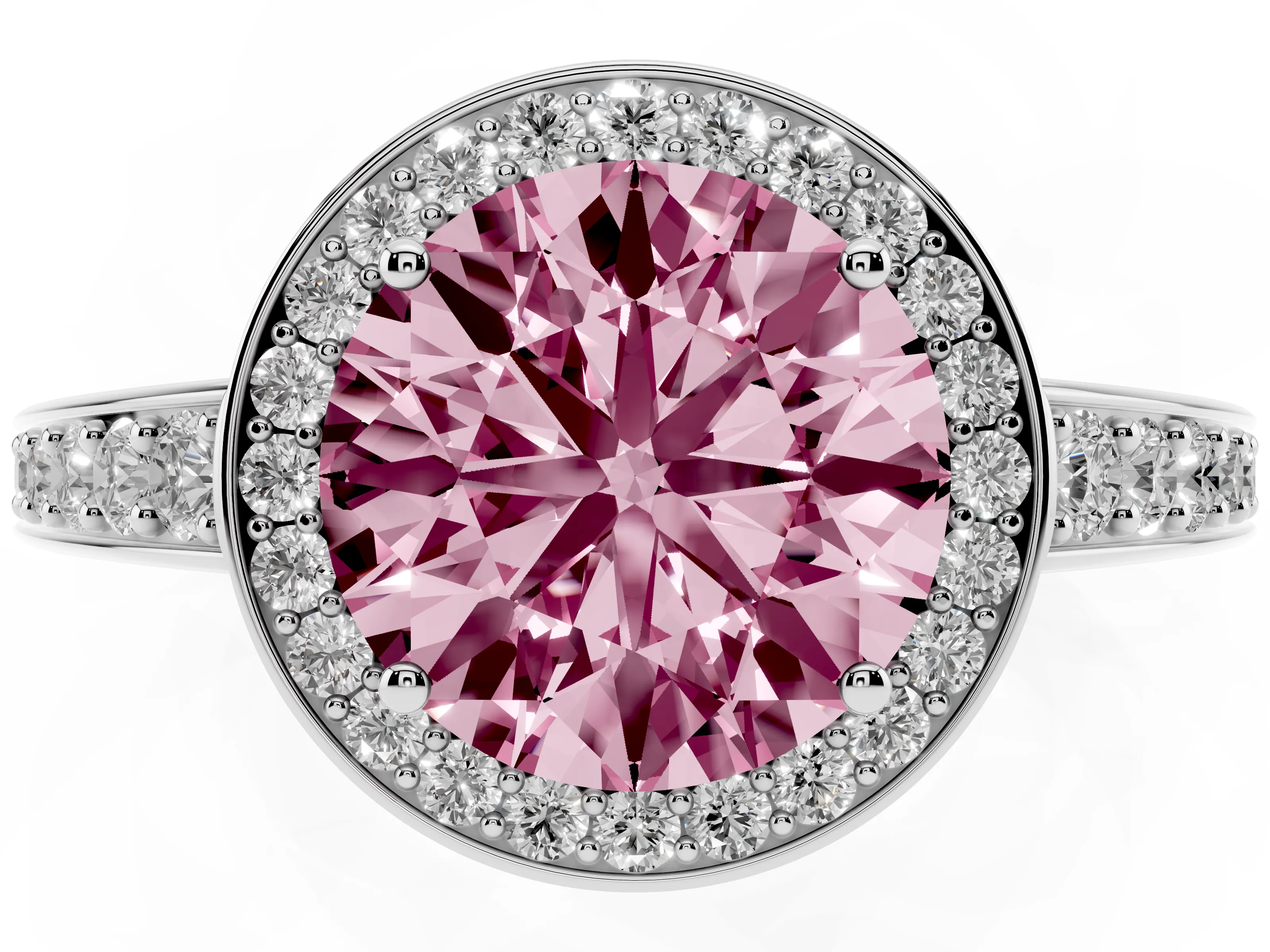 Fancy Pink Round Cut Diamond Halo Pavé Engagement Ring Set in Silver with Bezel Setting