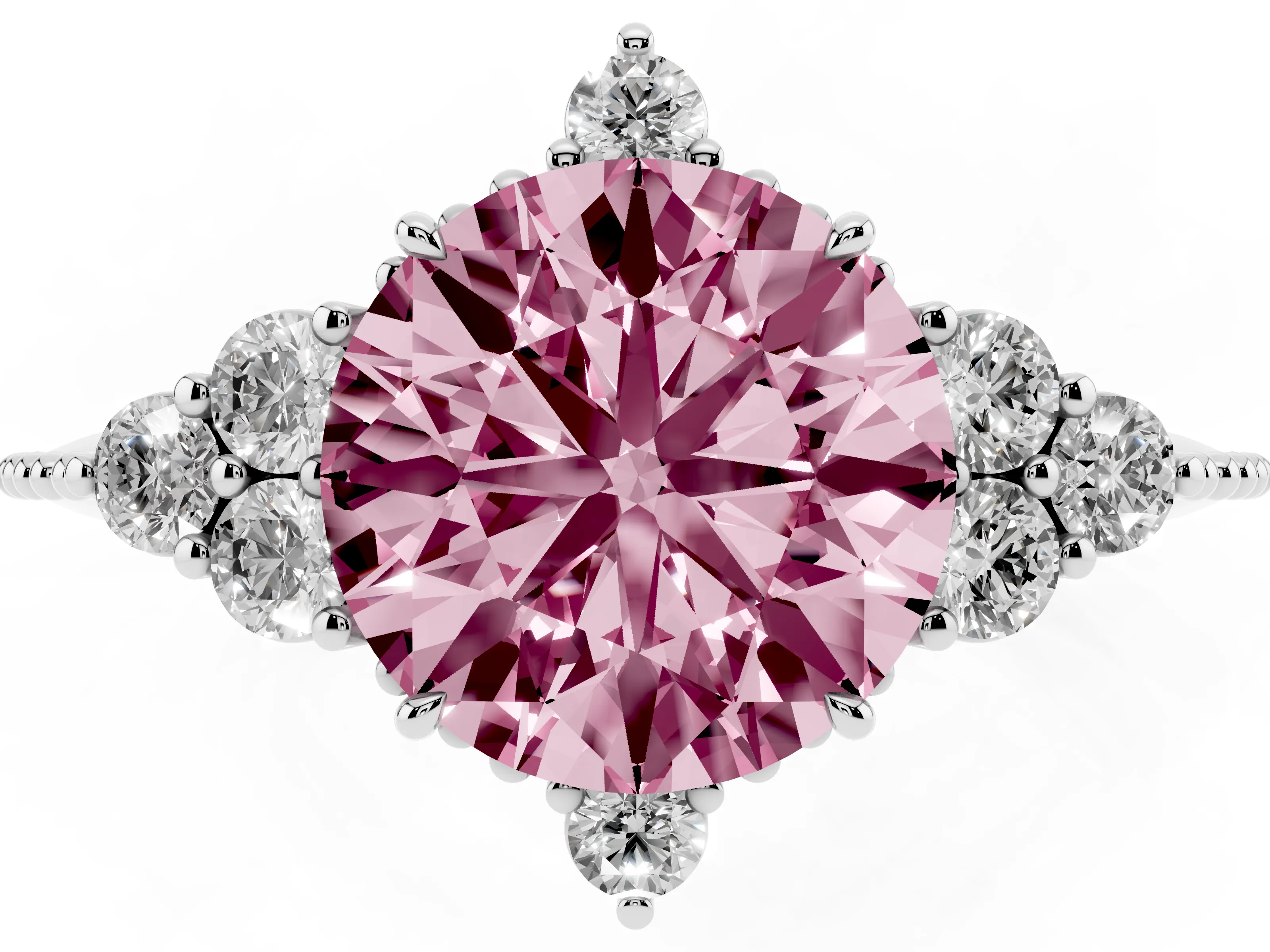 Fancy Pink Round Cut Diamond Cluster Ring Set in Silver with Beaded Band