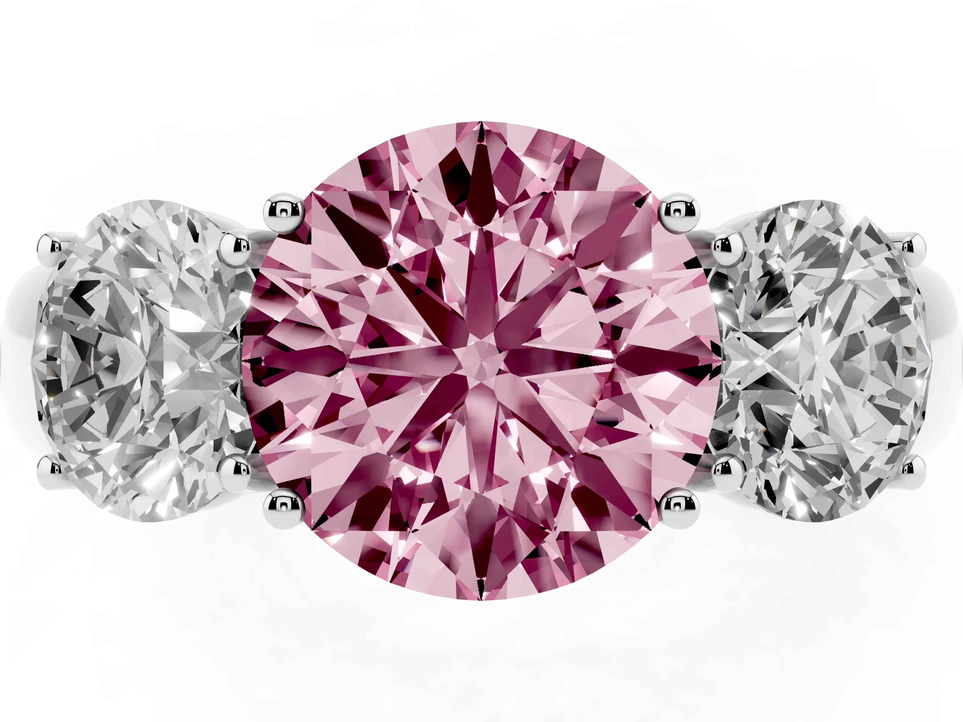 Fancy Pink Three-Stone Round Cut Diamond Ring Set in White gold with Matching Prong Settings and Plain Band
