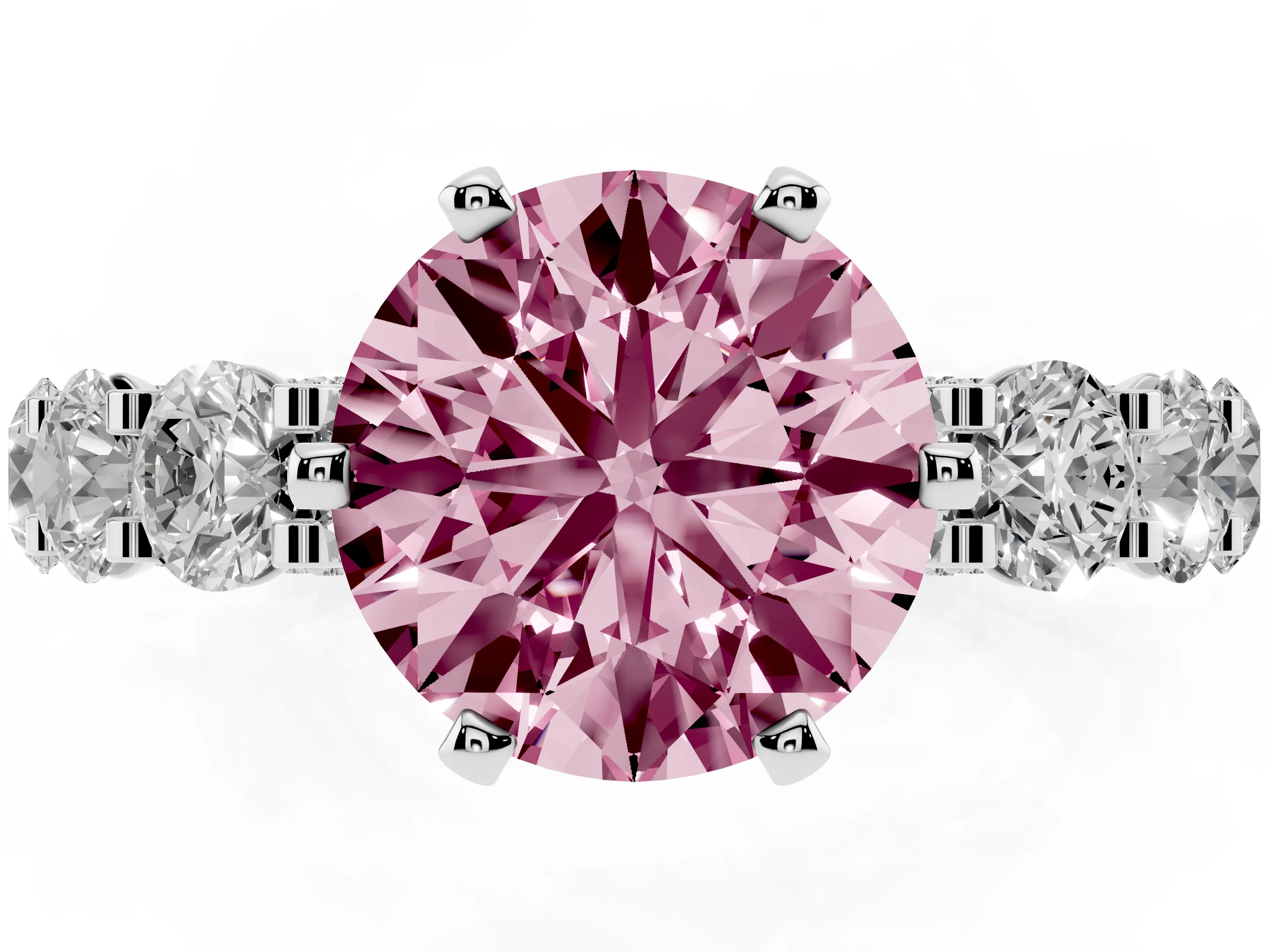 Fancy Pink Round Cut Diamond Side Stone Ring Set in White gold with Alternating Round and Oval Side Stones
