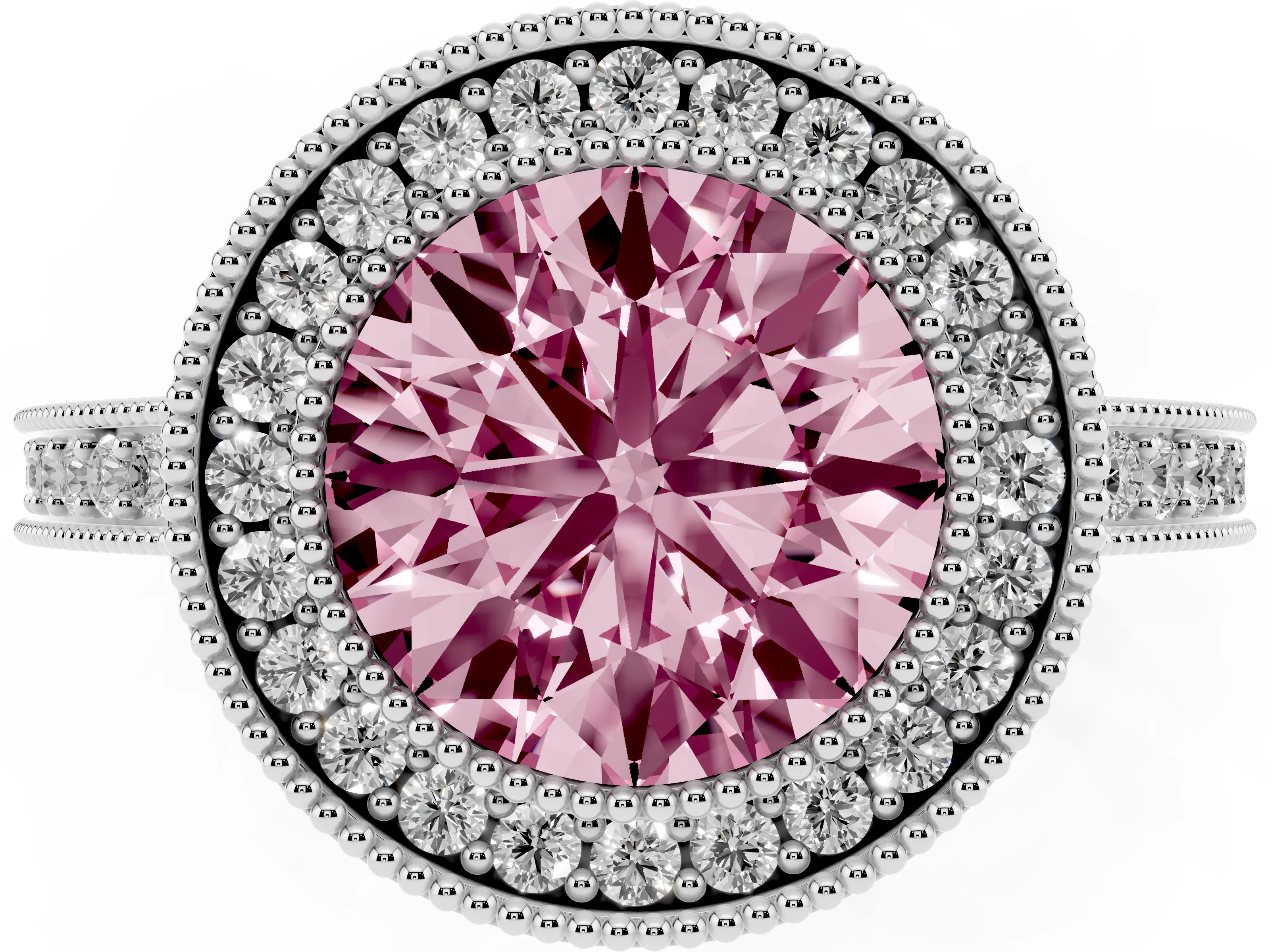 Fancy Pink Round Cut Diamond Round Halo Ring Set in White gold with Pavé Band