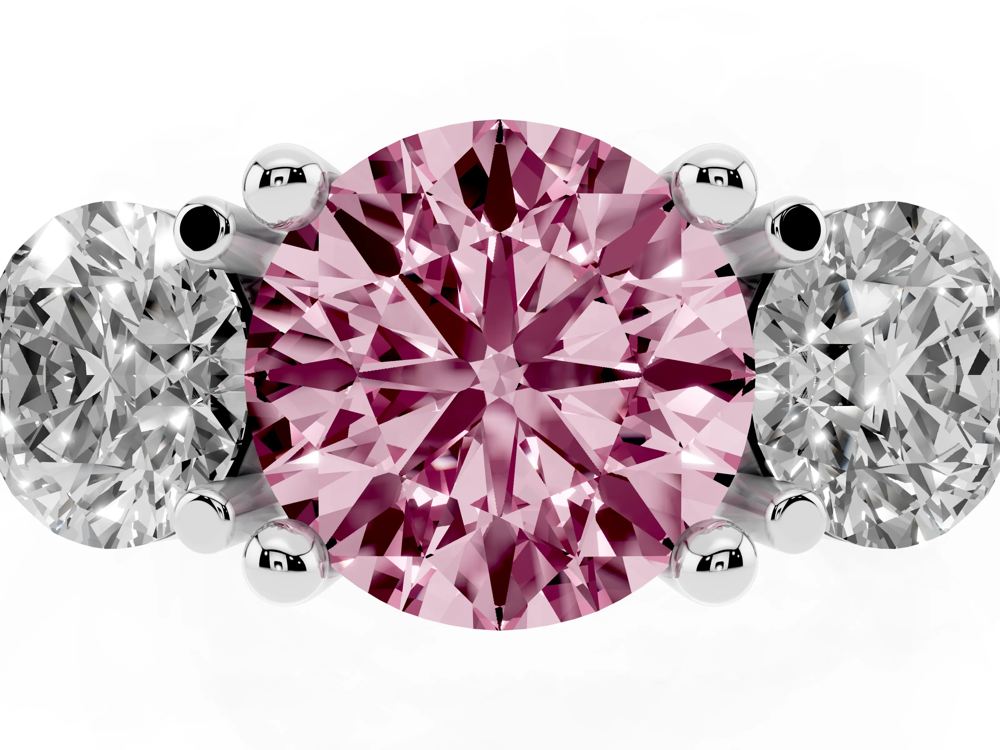 Fancy Pink Round Cut Diamond Three-Stone Ring Set in White gold with Prong Setting and Classic Band