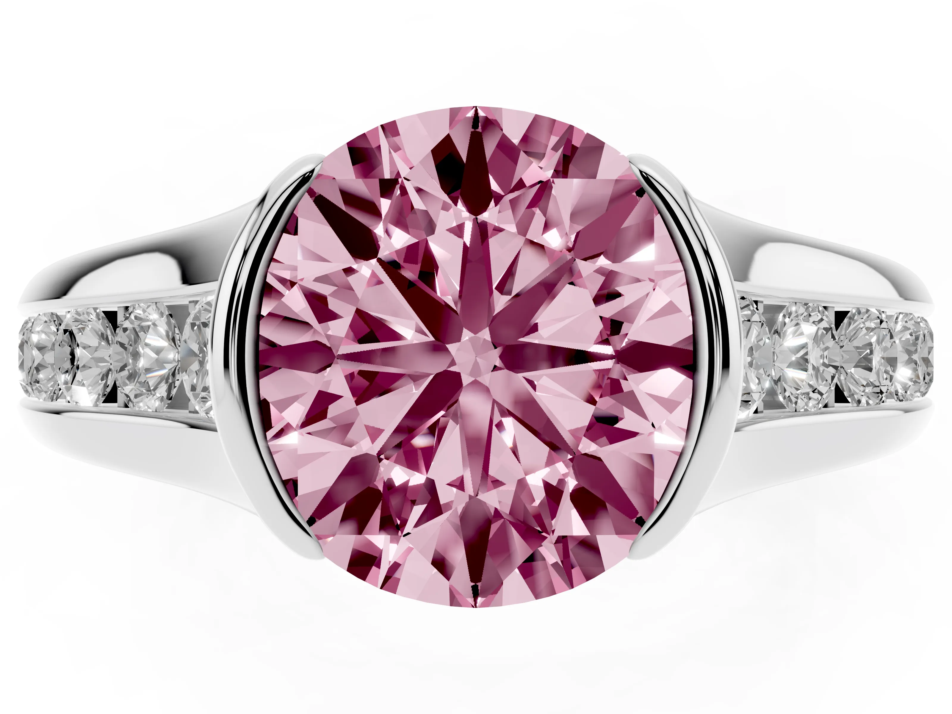 Fancy Pink Round Cut Diamond Bezel-Set Solitaire Ring Set in White gold with Channel-Set Band
