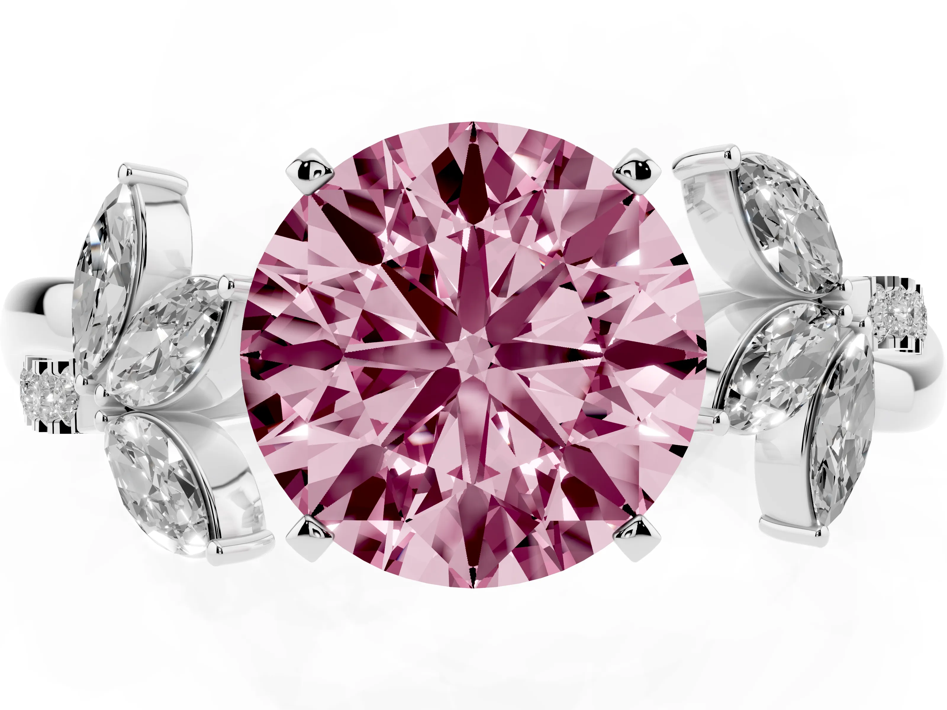Fancy Pink Round Cut Diamond Floral Vine Solitaire Engagement Ring Set in White gold with Marquise Leaves