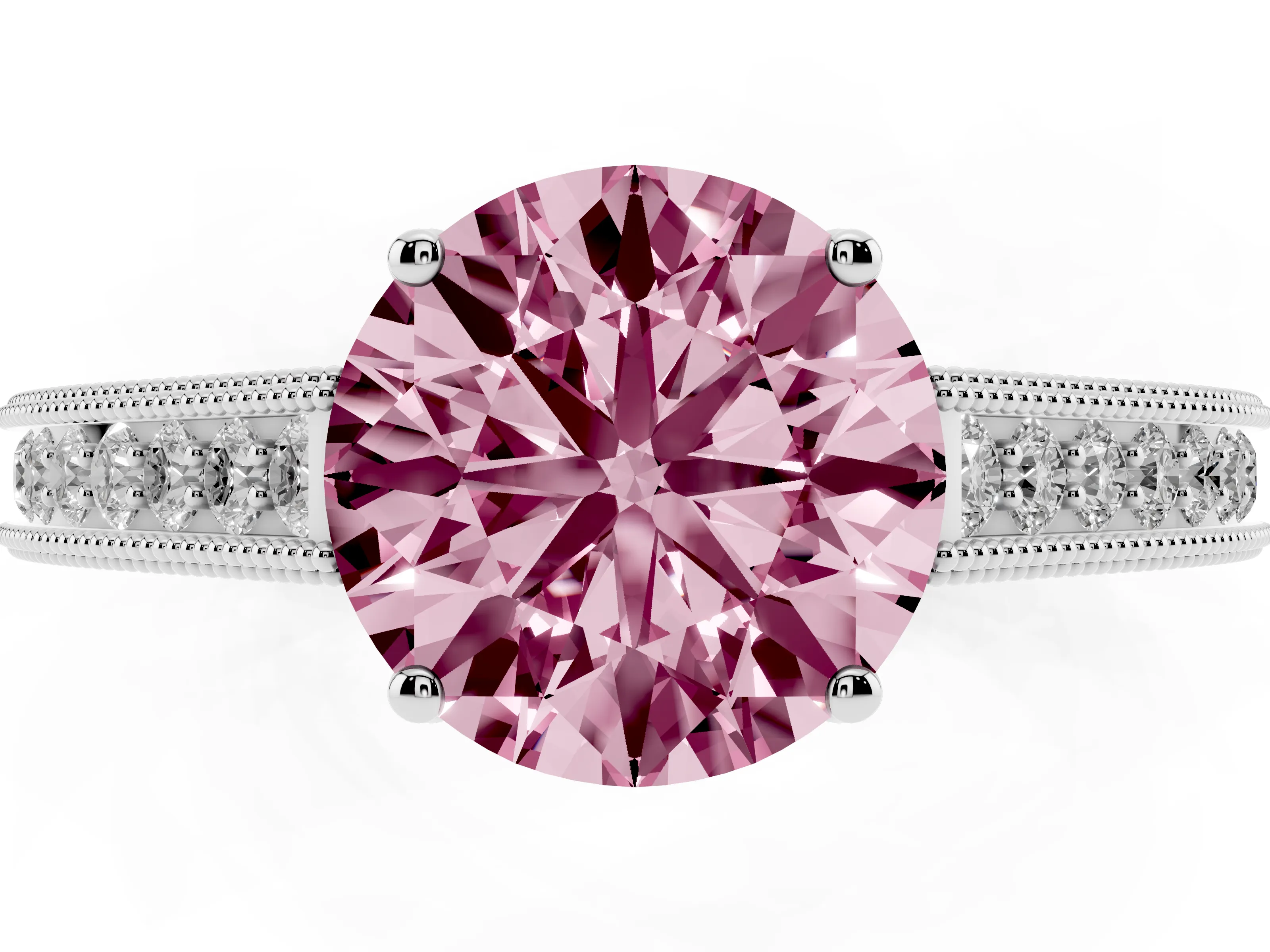 Fancy Pink Round Cut Diamond Milgrain Pavé Band Solitaire Ring Set in Silver with Prong Setting