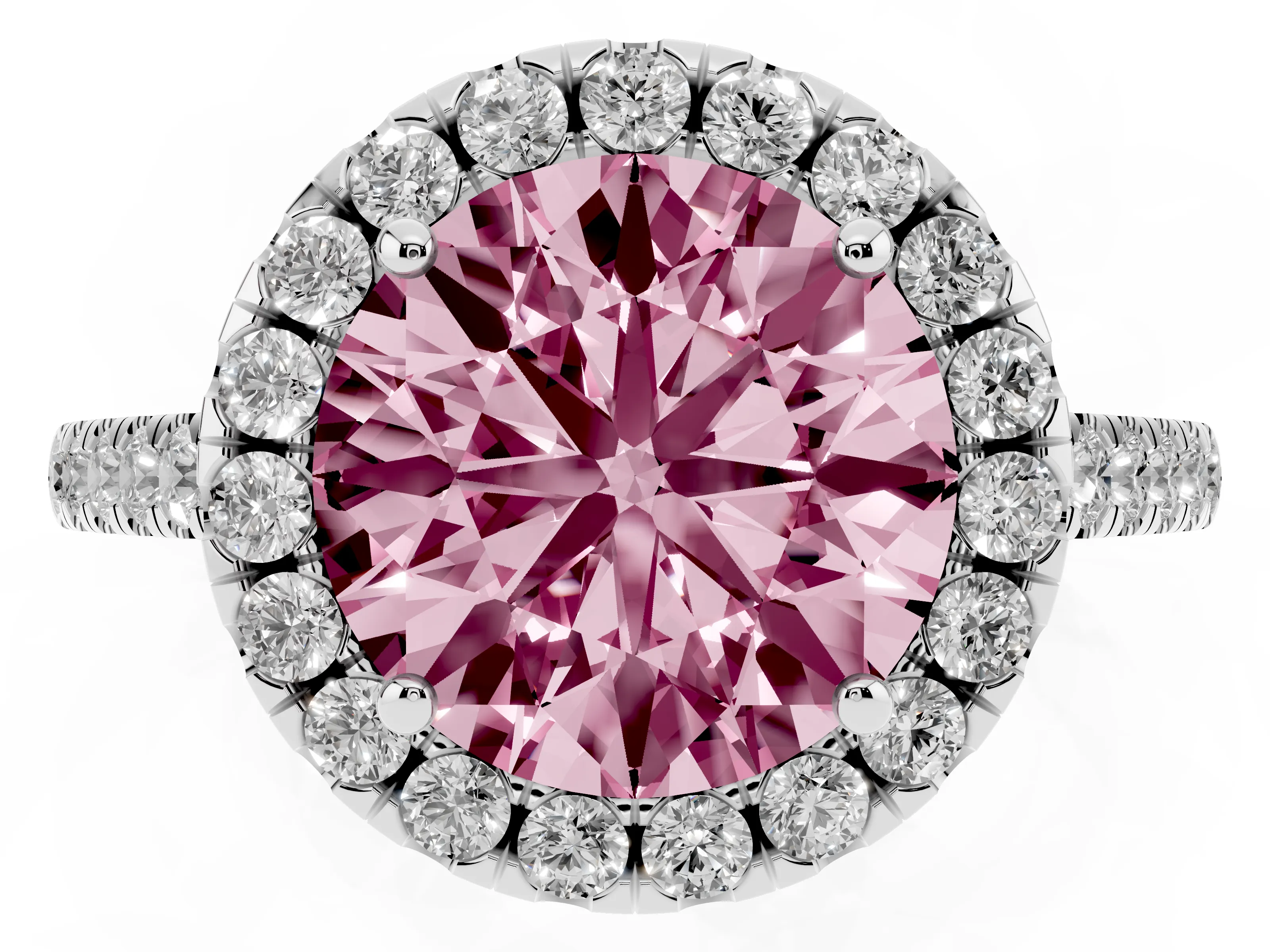 Fancy Pink Round Cut Diamond Pavé Halo Engagement Ring Set in White gold with Pavé Band and Prong Setting