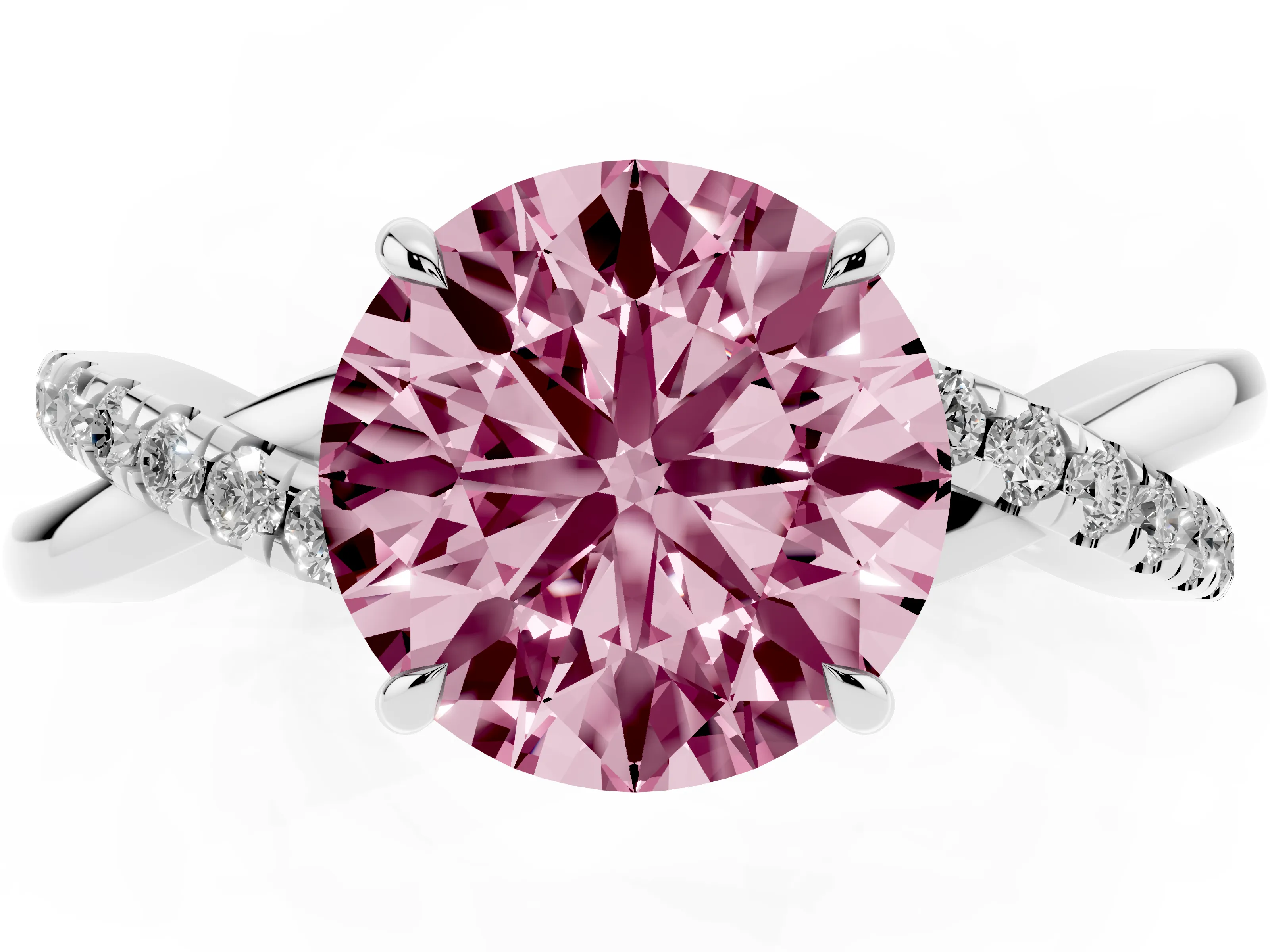 Fancy Pink Round Cut Diamond Twisted Pavé Band Ring Set in Silver with Prong Setting