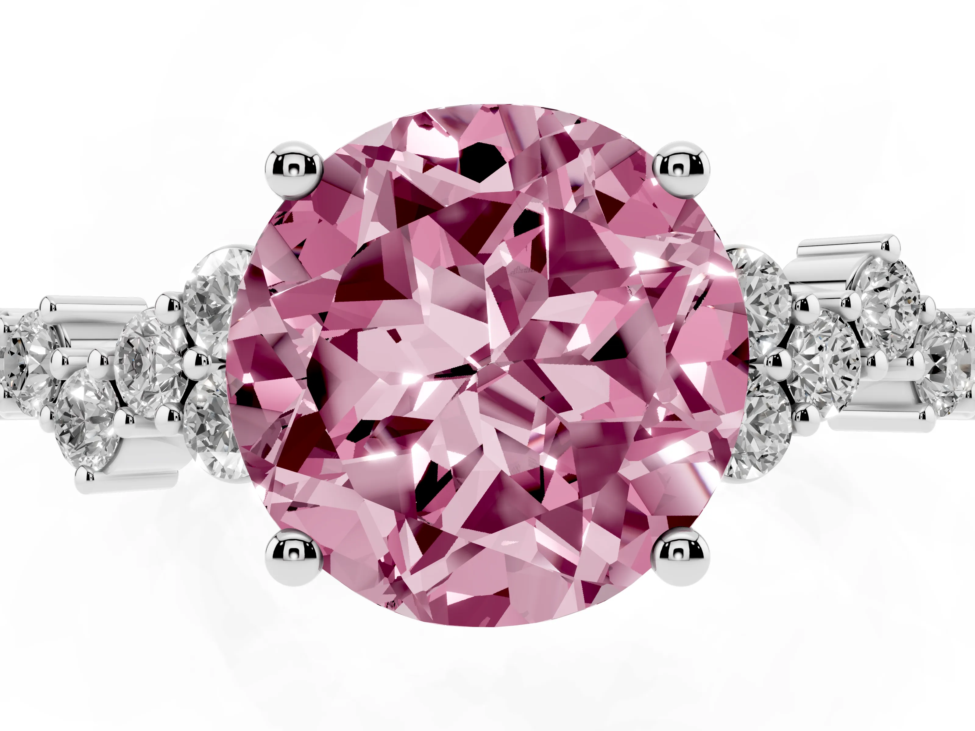 Fancy Pink Round Cut Diamond Ring Set in White gold with Scattered Round Accents