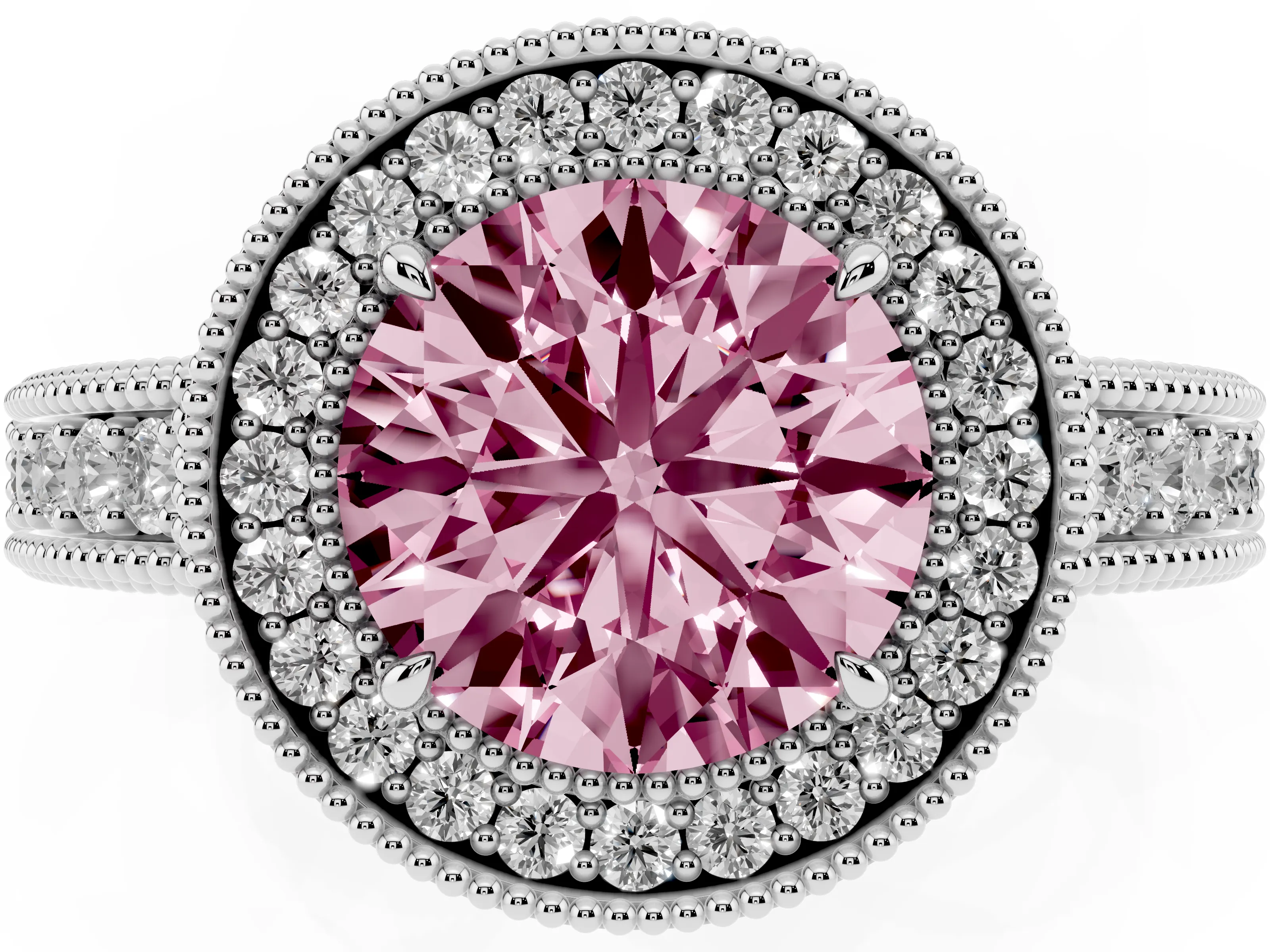 Fancy Pink Round Cut Diamond Halo Ring Set in White gold with Round Accent Halo, Pavé Band and Prong Setting