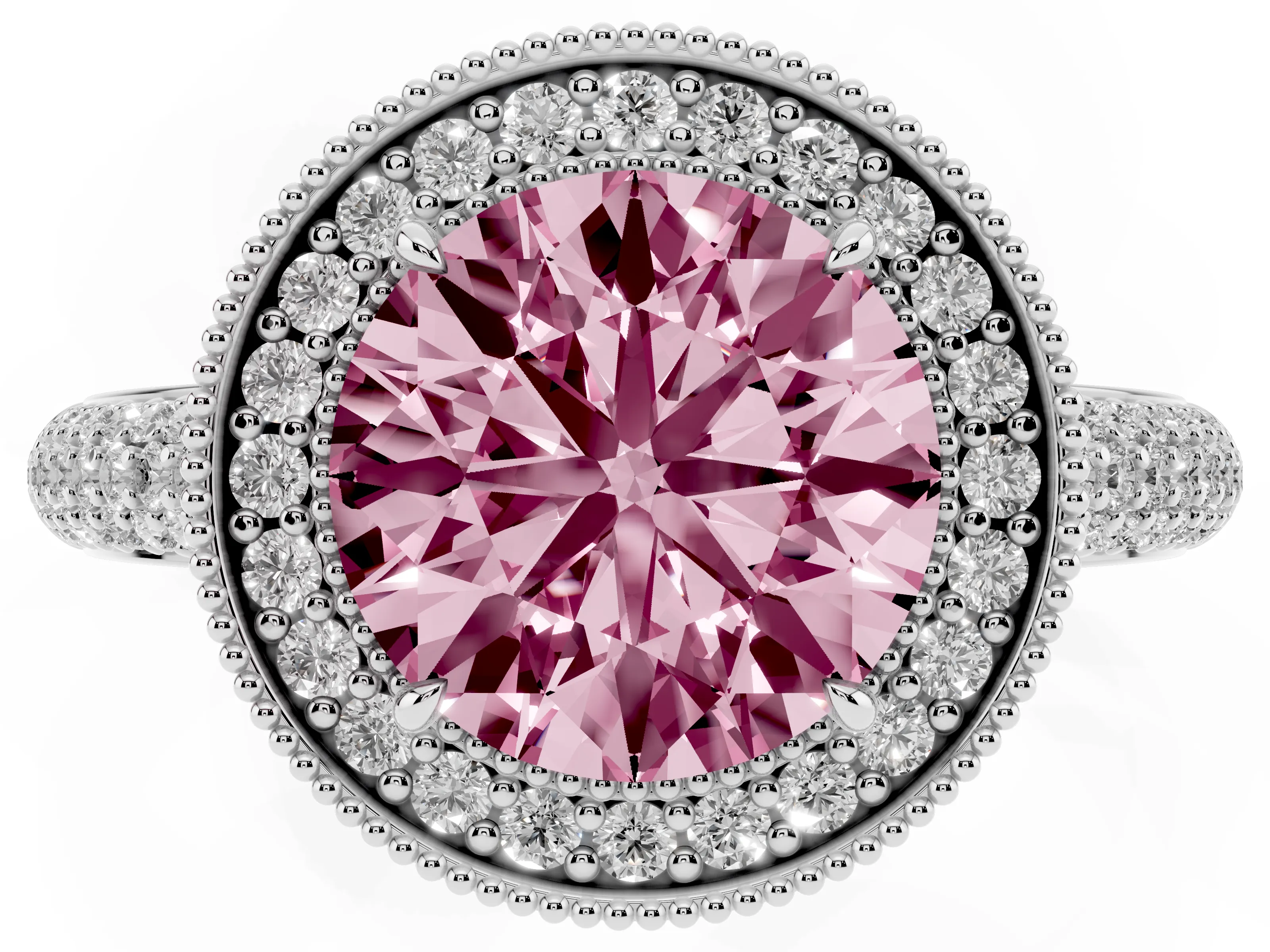 Fancy Pink Round Cut Diamond Halo Pavé Band Set in Platinum with Prong Setting