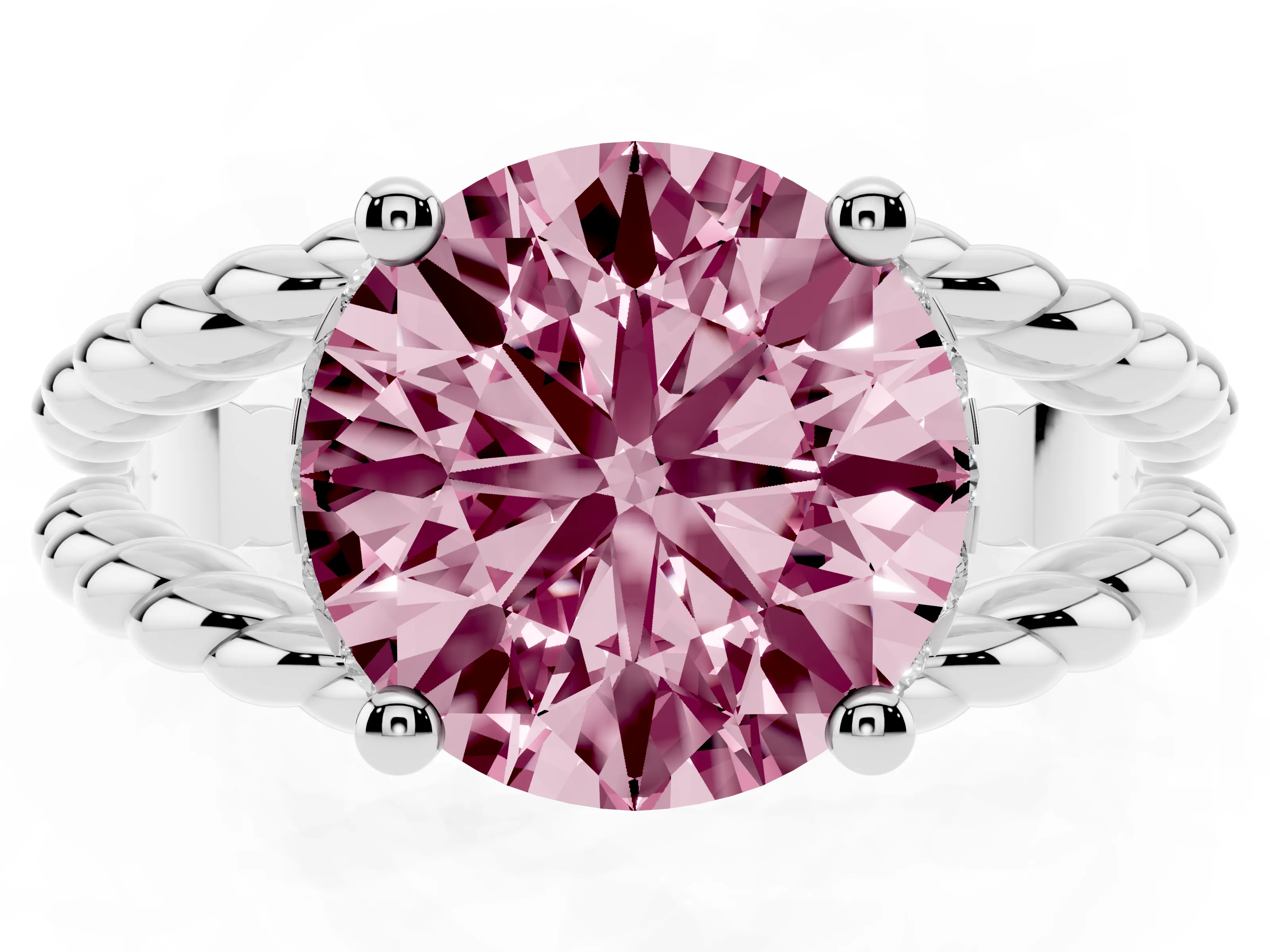 Fancy Pink Round Cut Diamond Halo Ring Set in White gold with Twisted Band and Prong Setting
