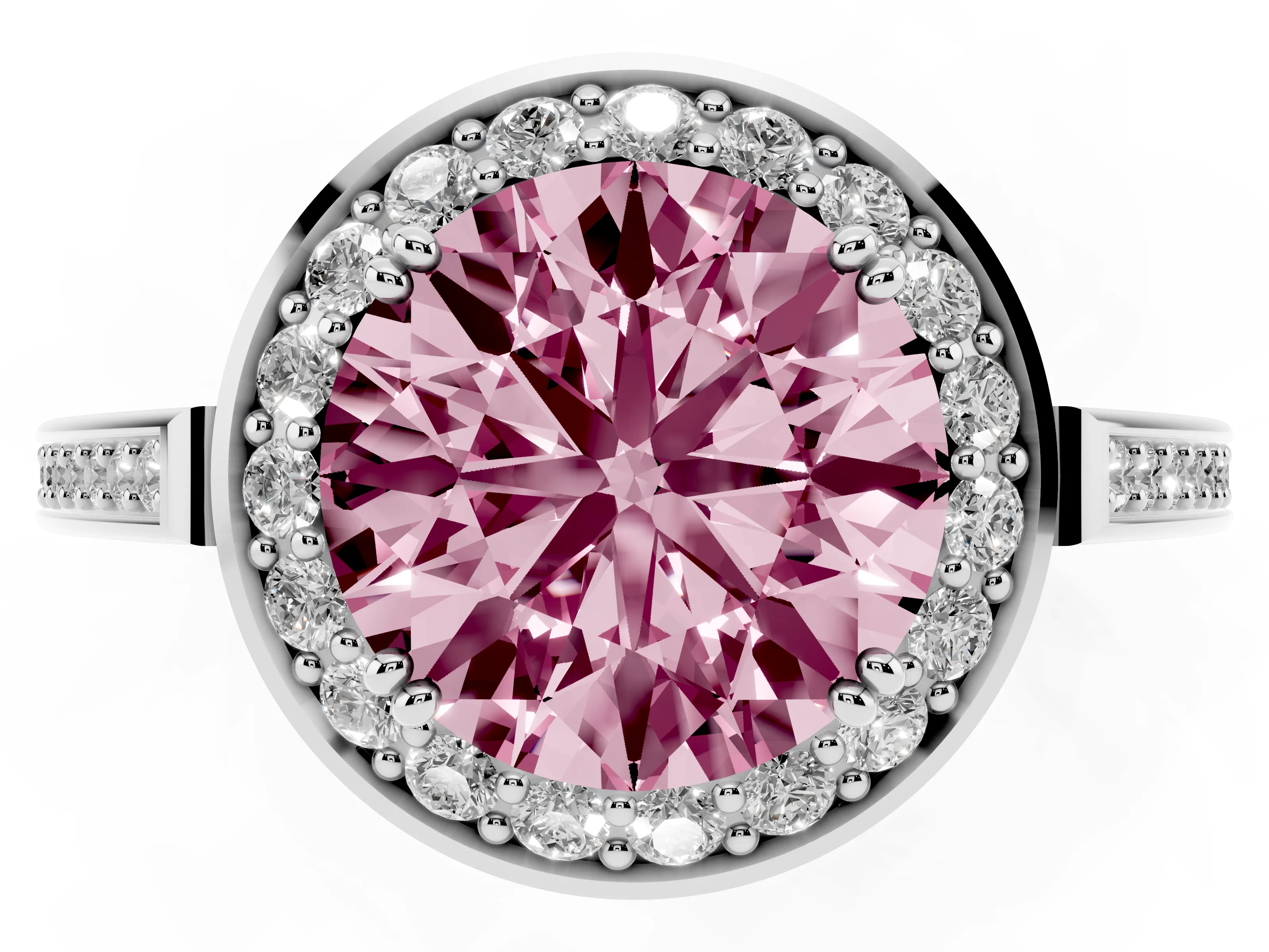 Fancy Pink Round Cut Diamond Halo Ring Set in Platinum with Accent-Lined Split Shank and Prong Setting