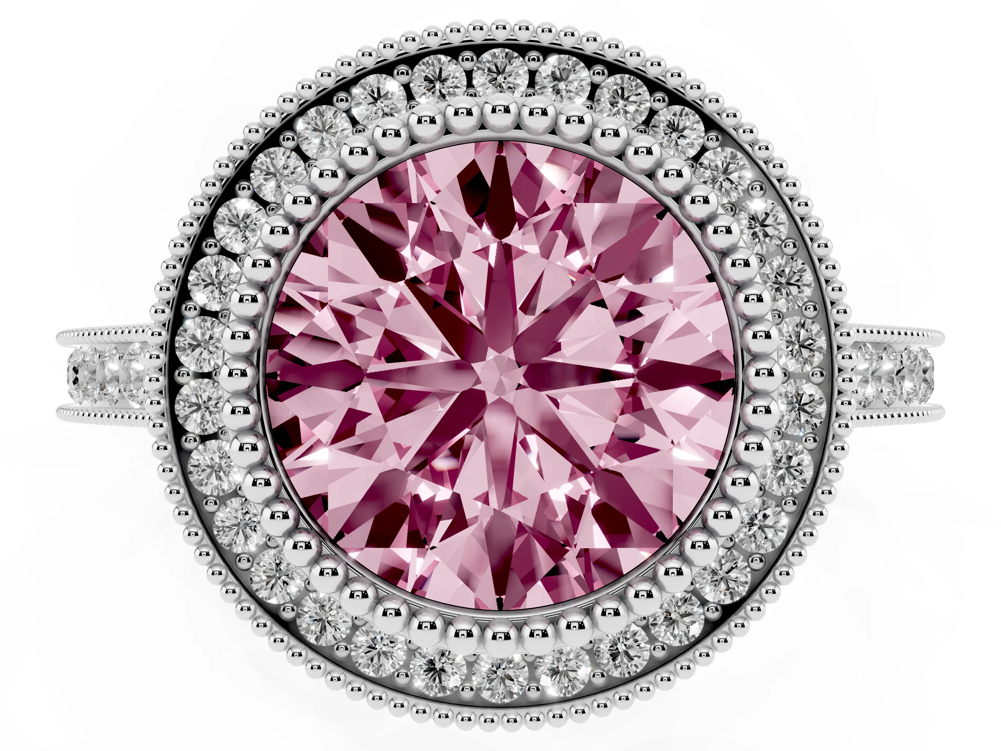 Fancy Pink Round Cut Diamond Halo Ring Set in White gold with Milgrain Frame and Pavé Band
