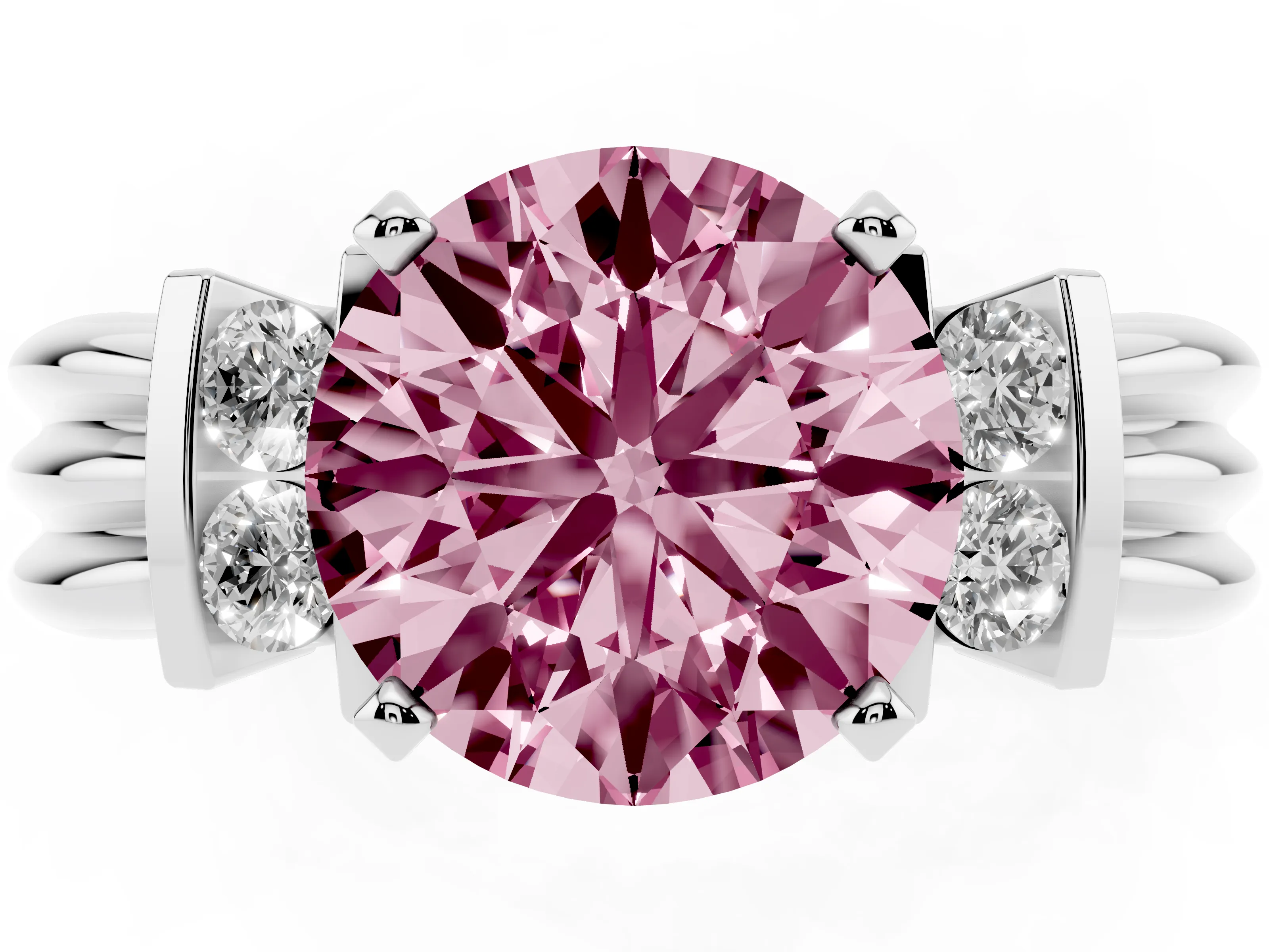 Fancy Pink Three-Stone Round Cut Diamond Channel Set Ring Set in Silver with Bar Prongs