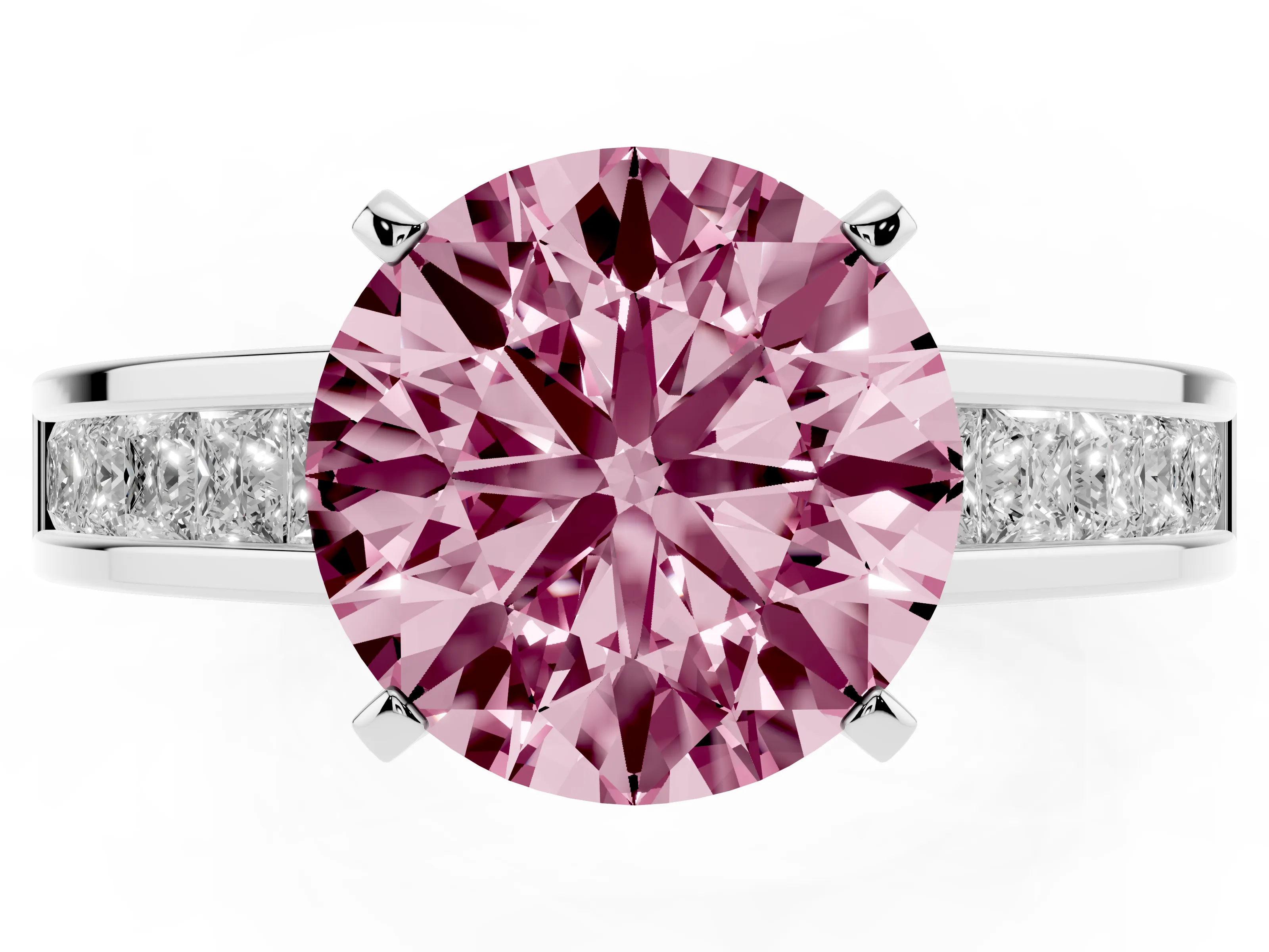 Fancy Pink Round Cut Diamond Solitaire Ring Set in Silver with Channel-Set Band and Prong Setting